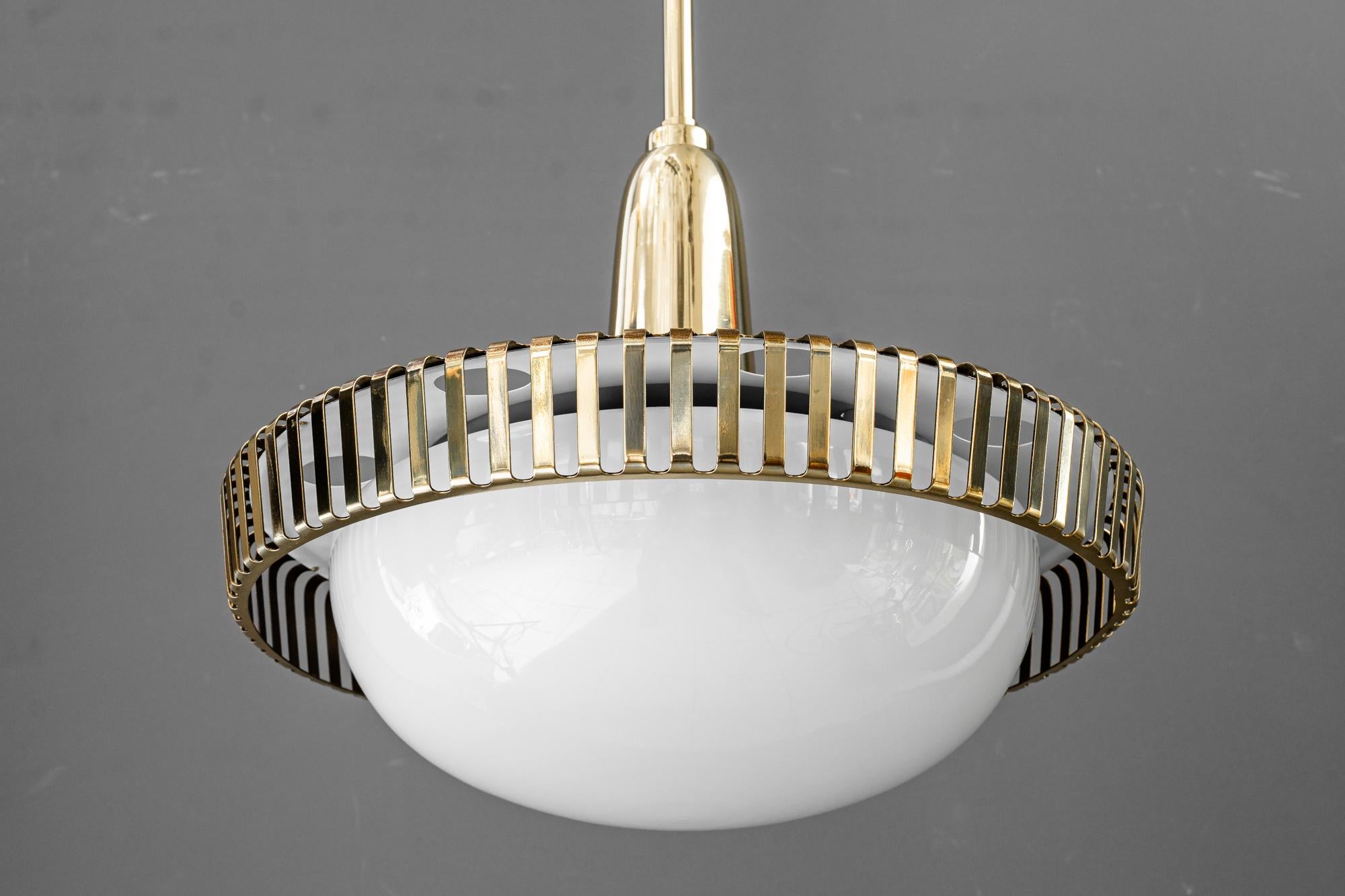 2 Rupert nikoll pendants with original antique opal glass shades vienna 1960s In Good Condition For Sale In Wien, AT