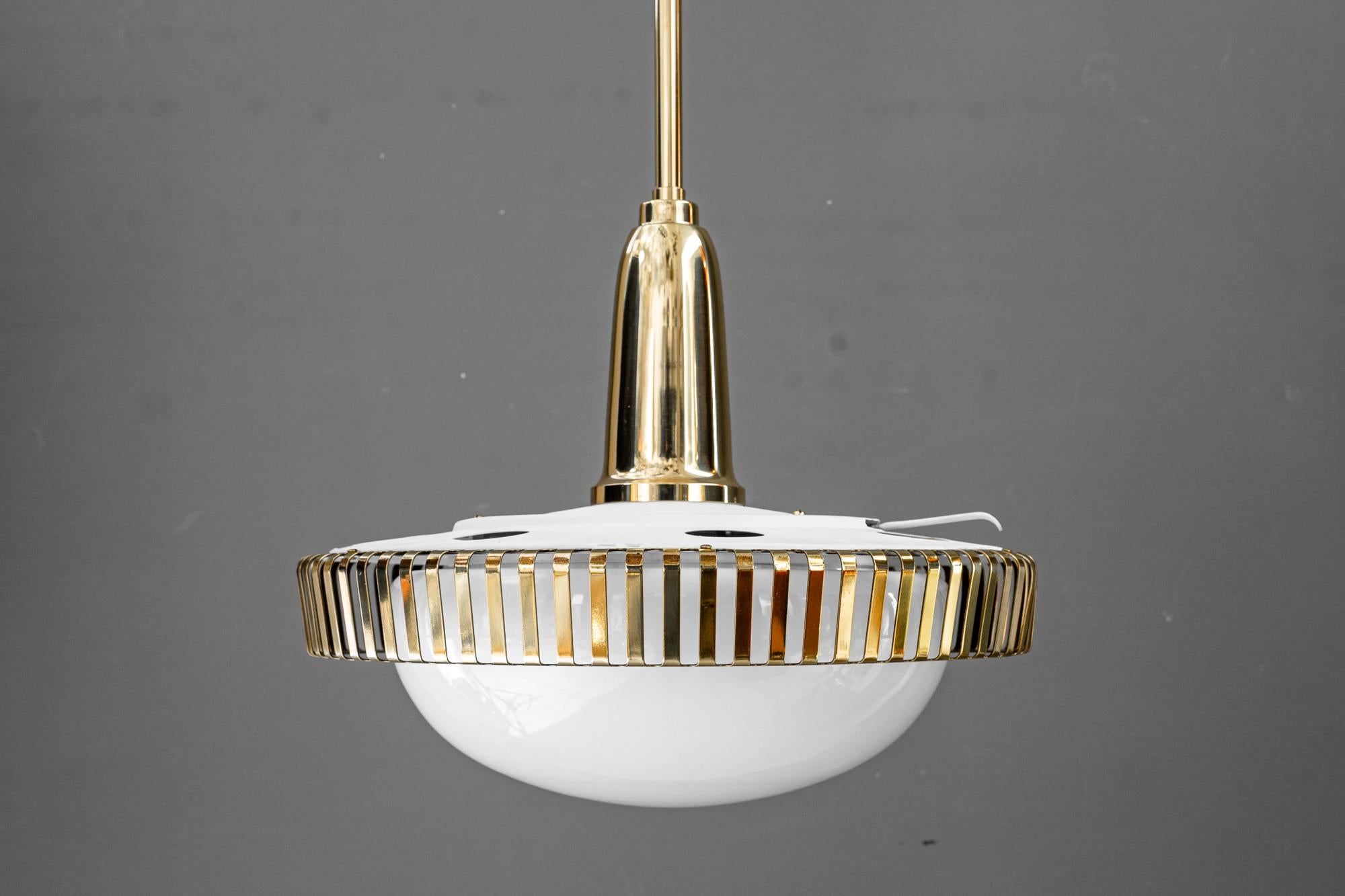 Mid-20th Century 2 Rupert nikoll pendants with original antique opal glass shades vienna 1960s For Sale