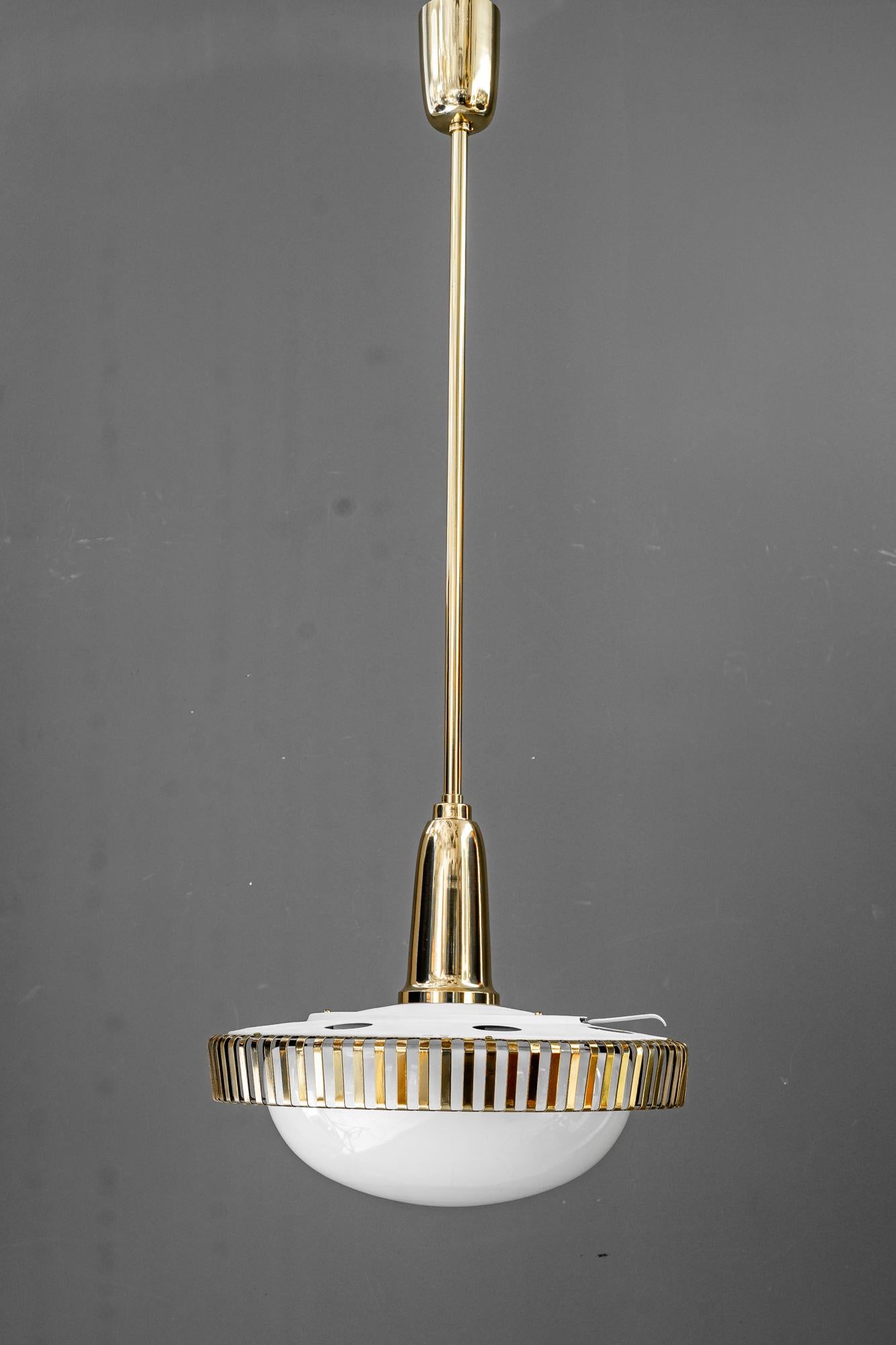 Brass 2 Rupert nikoll pendants with original antique opal glass shades vienna 1960s For Sale