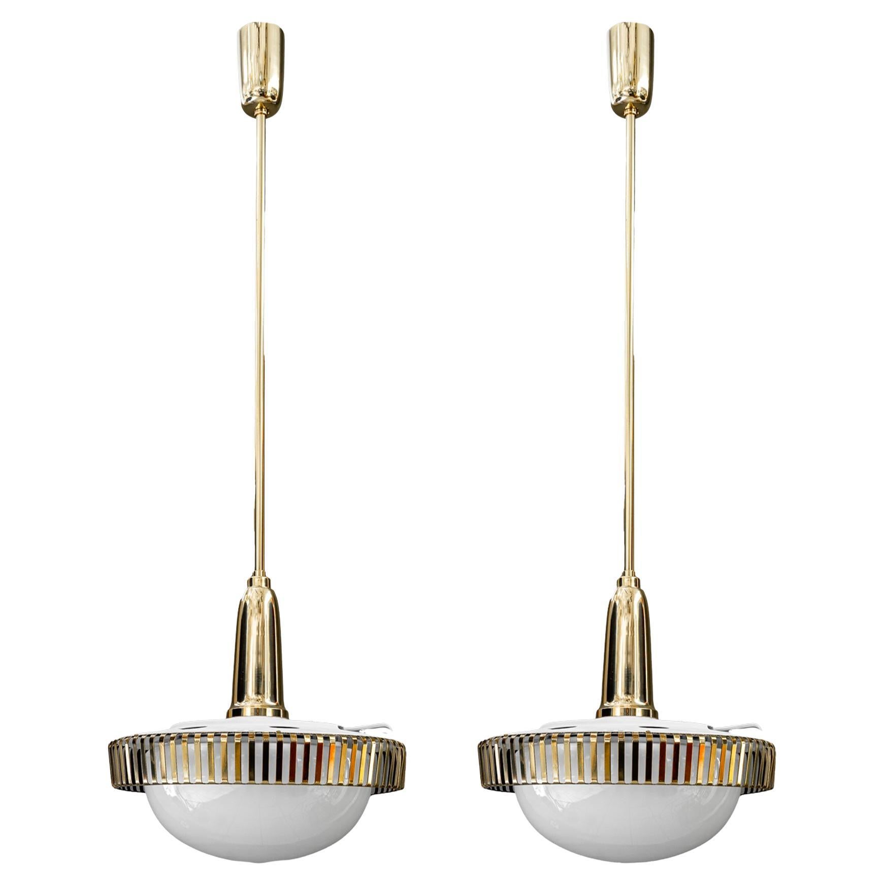 2 Rupert nikoll pendants with original antique opal glass shades vienna 1960s For Sale
