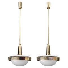 2 Rupert nikoll Pendelleuchten mit original antiken Opalglasschirmen wien 1960er