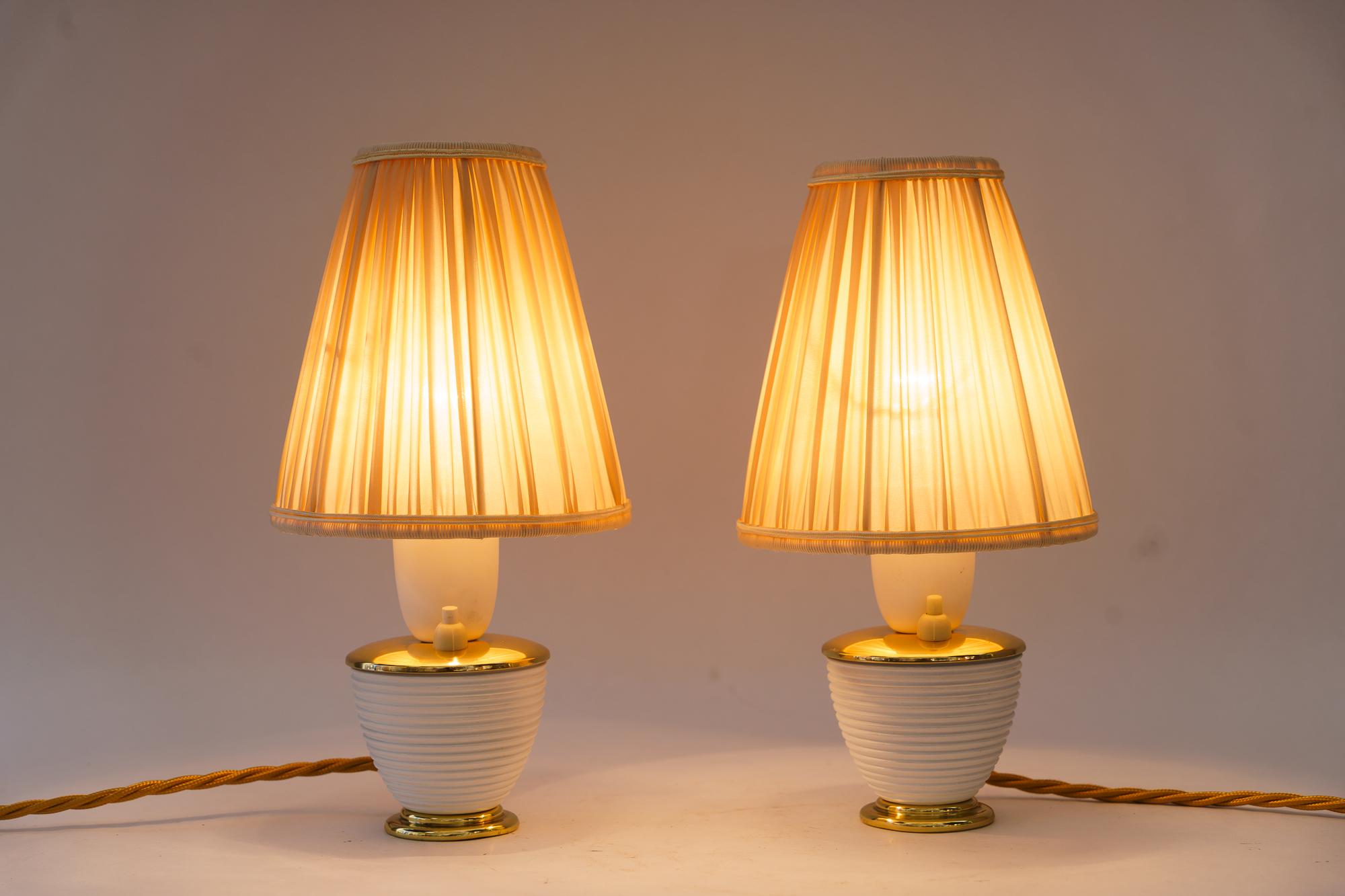 Lacquered 2 Rupert Nikoll table lamps with fabric shades vienna around 1950s For Sale