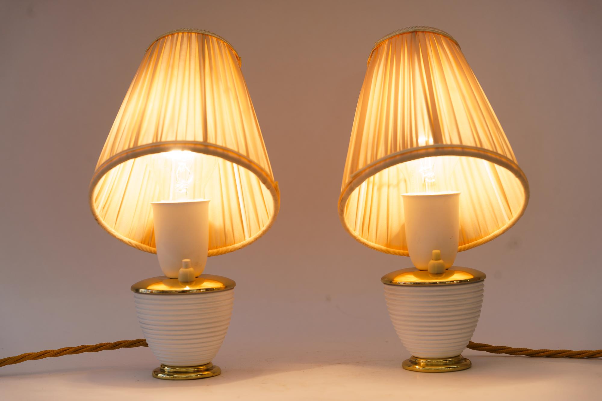 Brass 2 Rupert Nikoll table lamps with fabric shades vienna around 1950s For Sale
