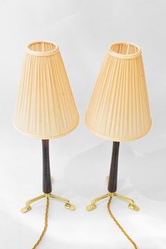 2 Rupert Nikoll table lamps with wood and fabric shade vienna around 1950s