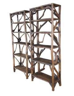 2 Rustic Vintage Hickory Adirondack Twig Bookcases 5 Shelf Lodge Cabin Pair 84"