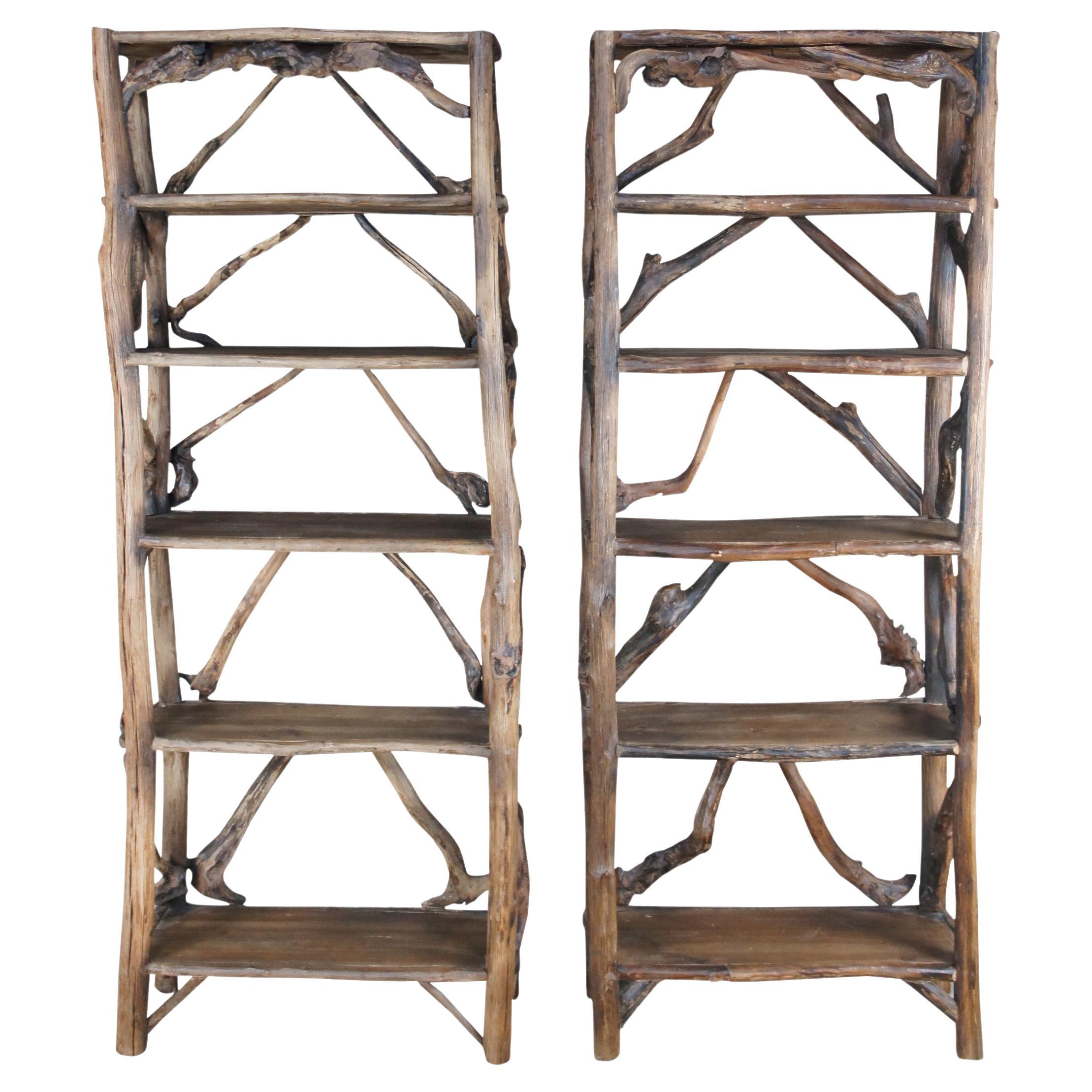 2 Rustic Vintage Hickory Adirondack Twig Bookcases 5 Shelf Lodge Cabin Pair 84" For Sale