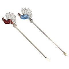 2 Scandanavian Modern Sterling Silver & Enamel Rooster Form Cocktail Picks