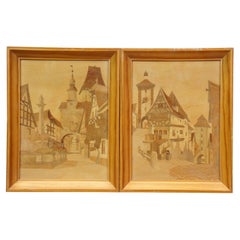 2 Schild Intarsia German Wood Inlay Marquetry Cityscapes Street Scenes 11"