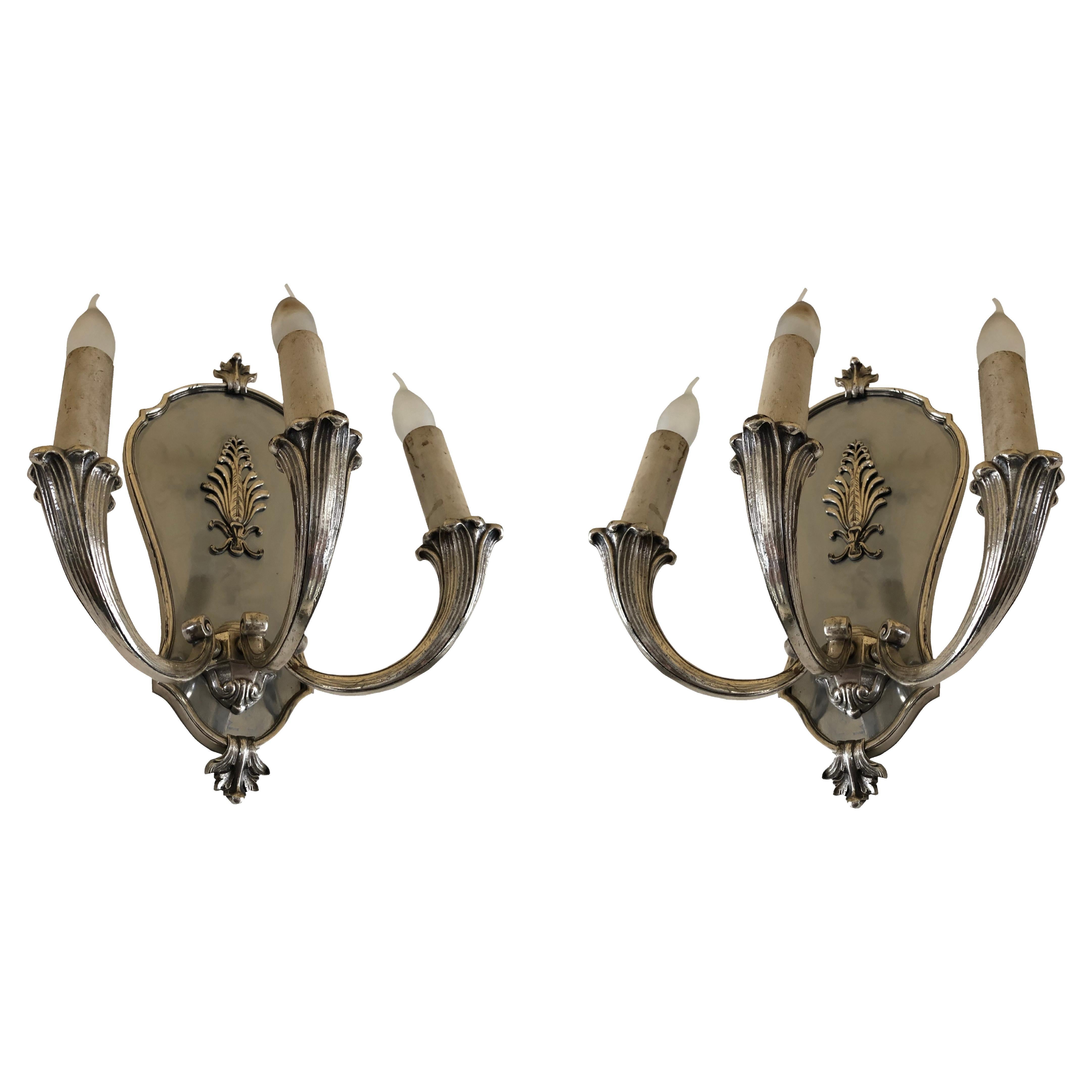 2 Sconces in silver-plated bronze,  French, 1920, Style: Art Deco For Sale