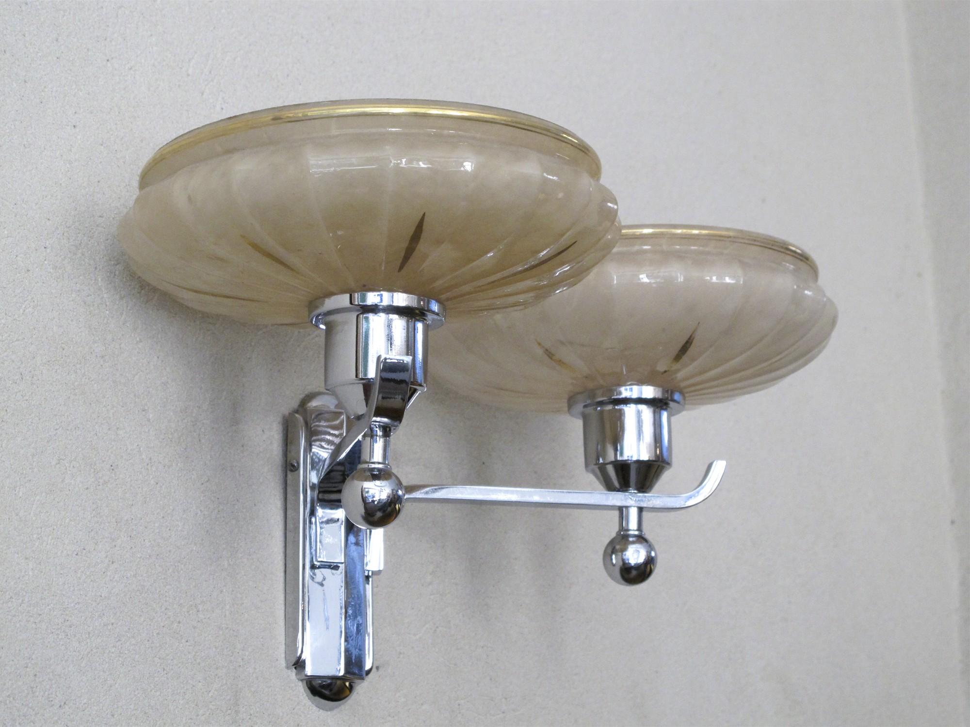 Mid-20th Century 2 Sconces, French, Style: Art Deco in Chrome and Crystal with Gold For Sale