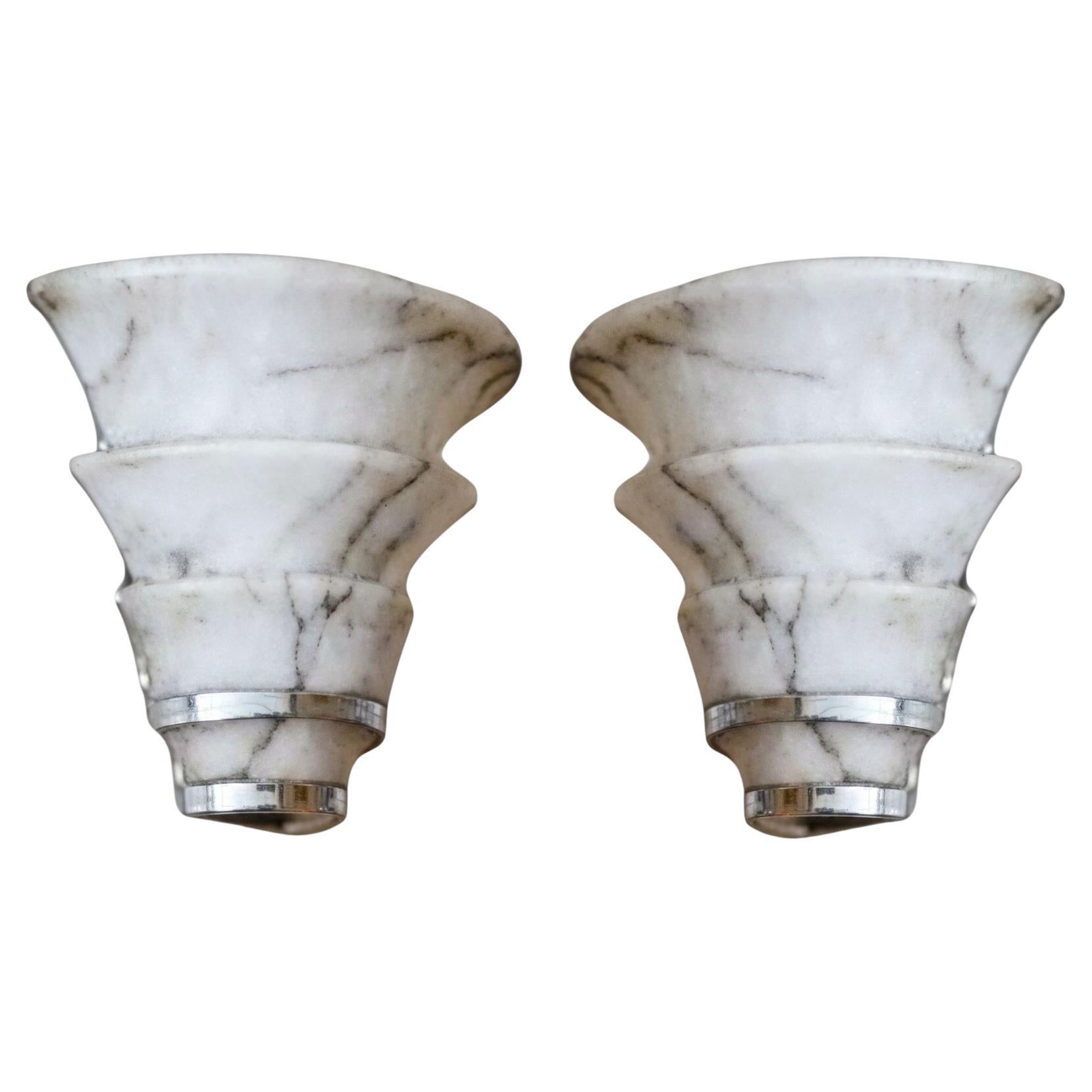 2 Sconces in Alabaster and Chrome, Style, Art Deco, Year, 1920, France For Sale
