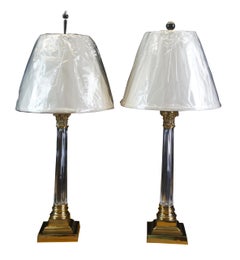 2 Scully & Scully Neoclassical Corinthian Column Crystal & Brass Buffet Lamps