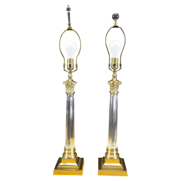 2 Scully and Scully Neoclassical Corinthian Column Crystal and Brass ...