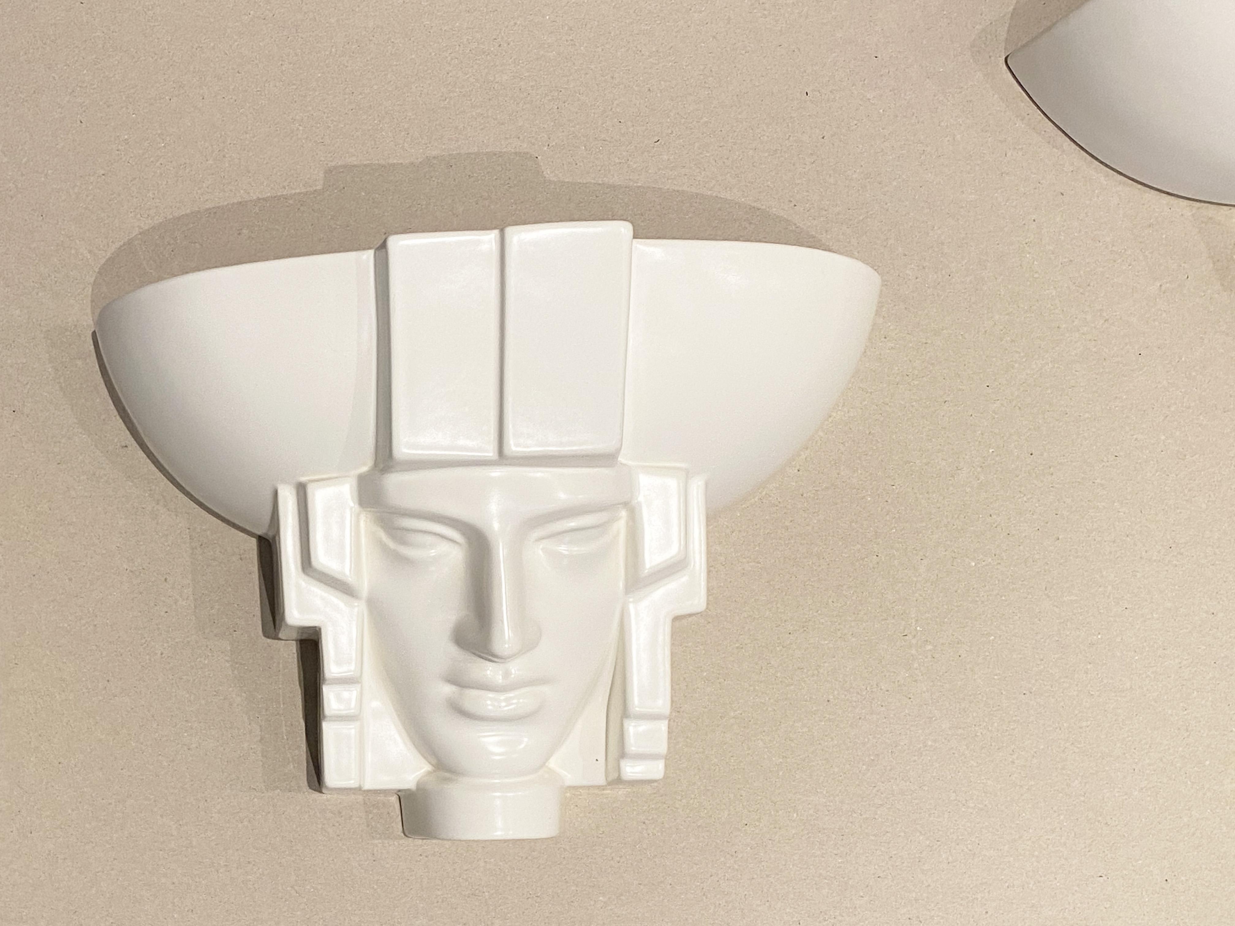 French 2 Sculptural Art Deco Egyptian Pharaoh Face Sconce, Saint Clément Ceramic, 1960s For Sale