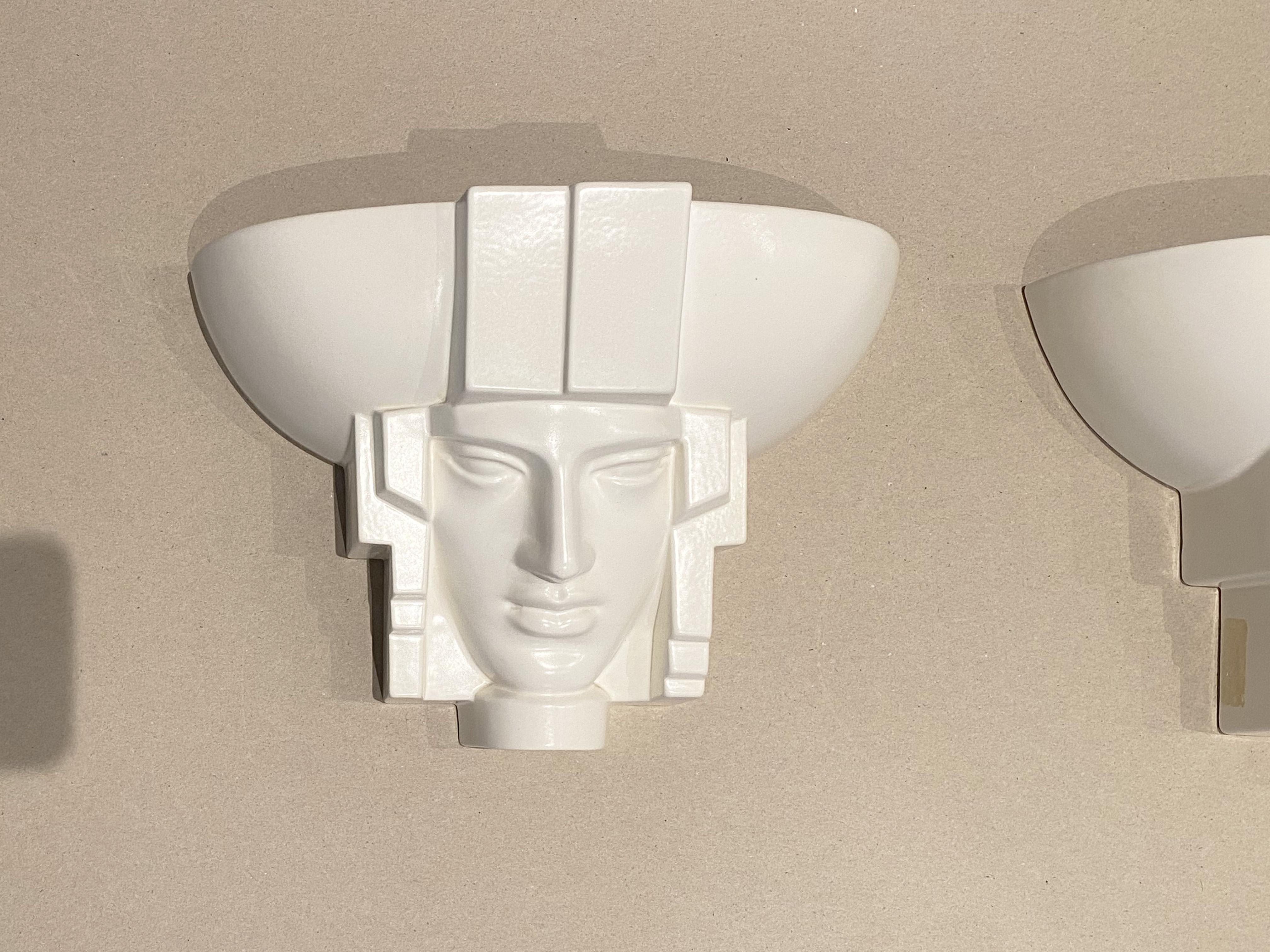 2 Sculptural Art Deco Egyptian Pharaoh Face Sconce, Saint Clément Ceramic, 1960s In Good Condition For Sale In Lille, FR