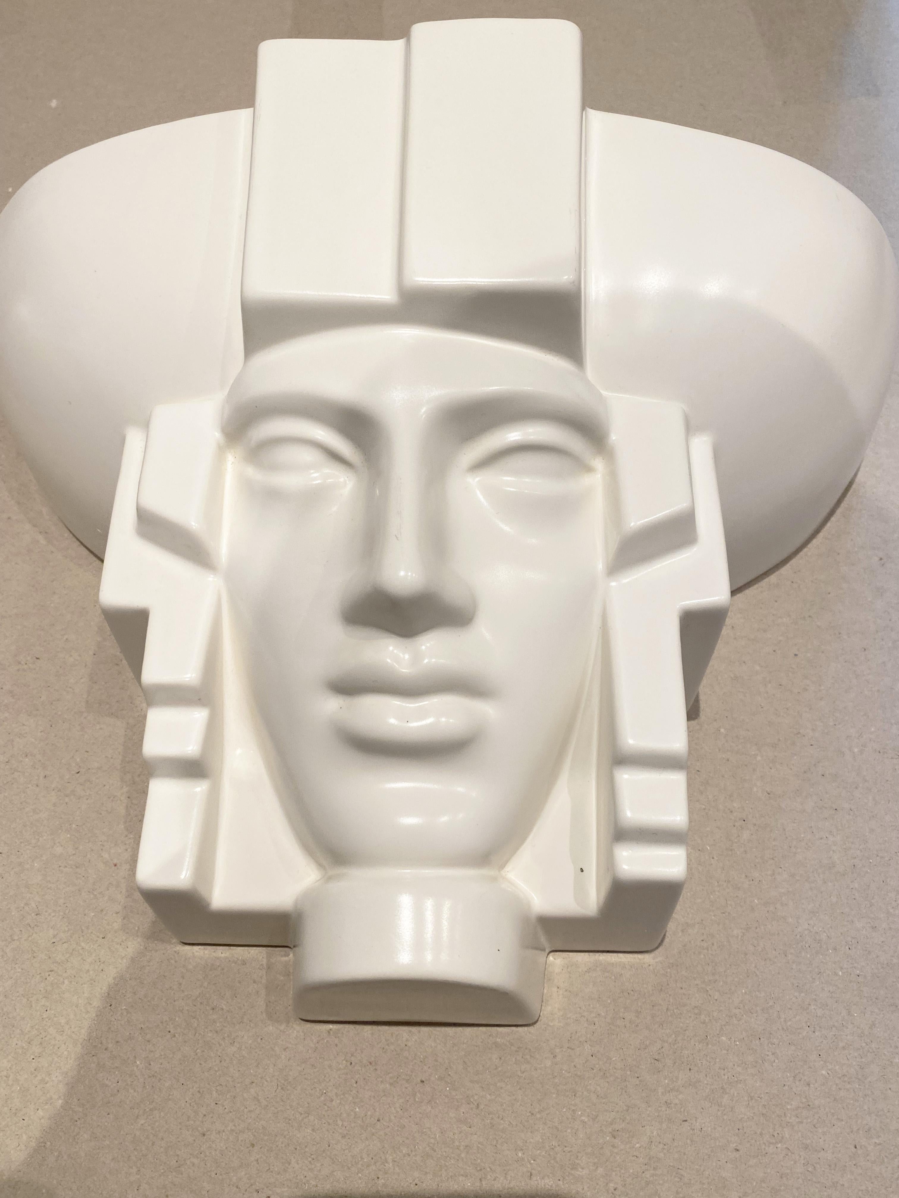 2 Sculptural Art Deco Egyptian Pharaoh Face Sconce, Saint Clément Ceramic, 1960s For Sale 3