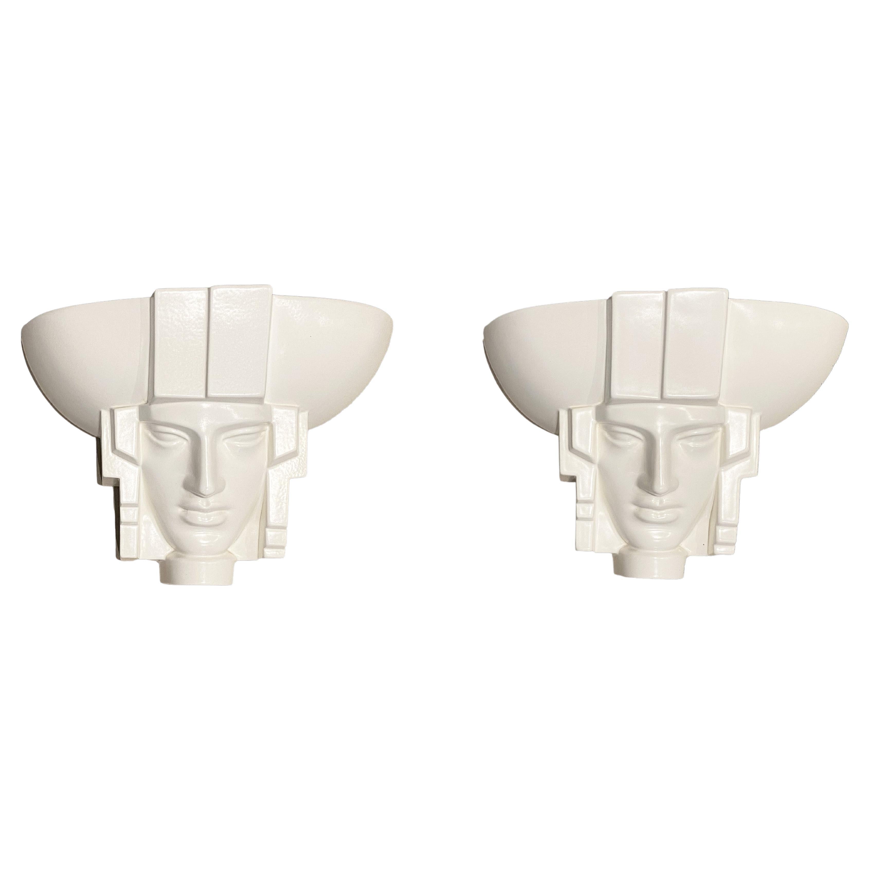 2 Sculptural Art Deco Egyptian Pharaoh Face Sconce, Saint Clément Ceramic, 1960s