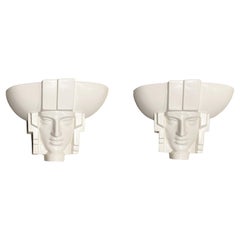 2 Sculptural Art Deco Egyptian Pharaoh Face Sconce, Saint Clément Ceramic, 1960s