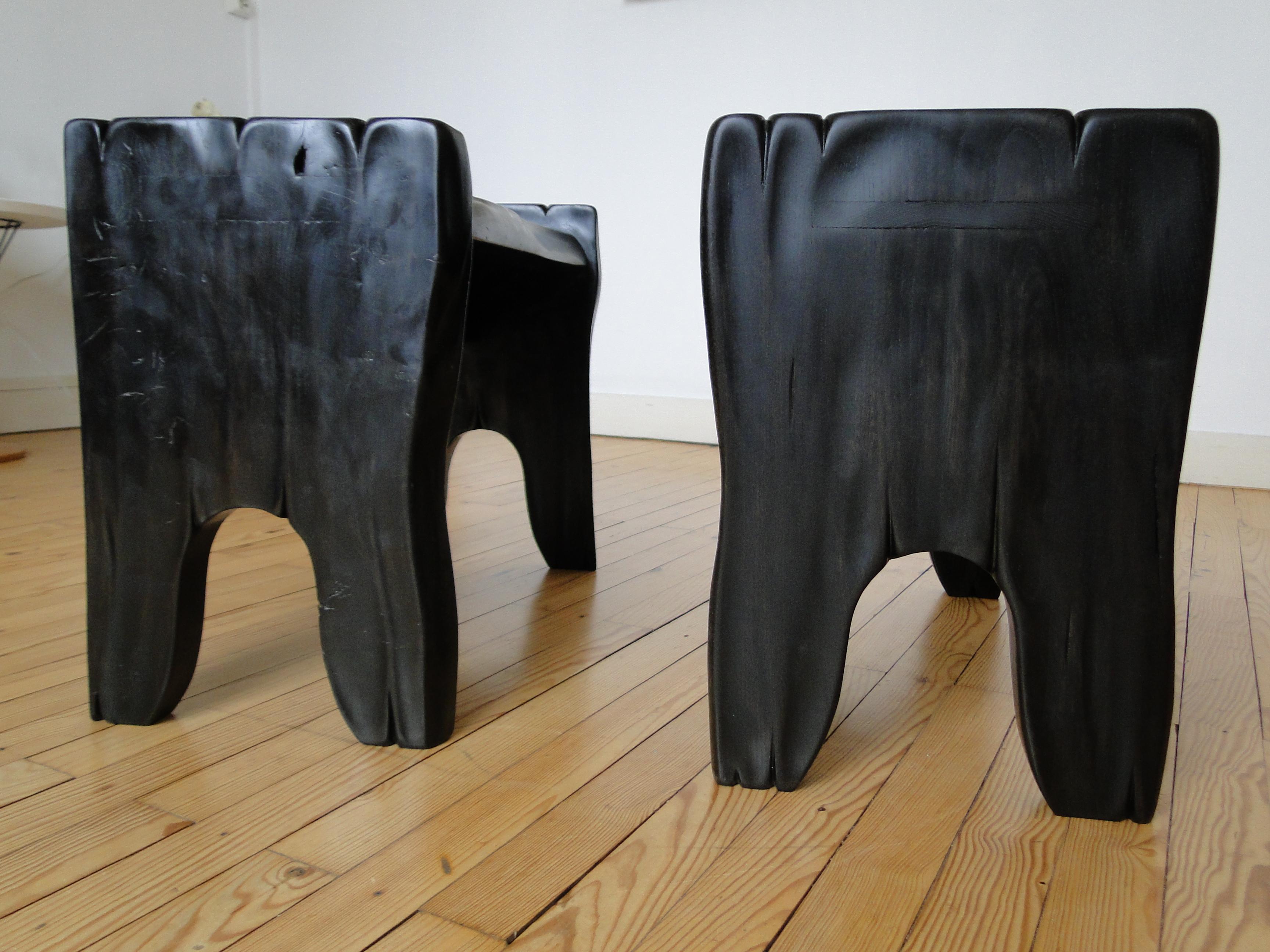 Brutalist 2  Stools Carved by Hand Black Oak France Organic Biomorphic Alexandre Noll For Sale