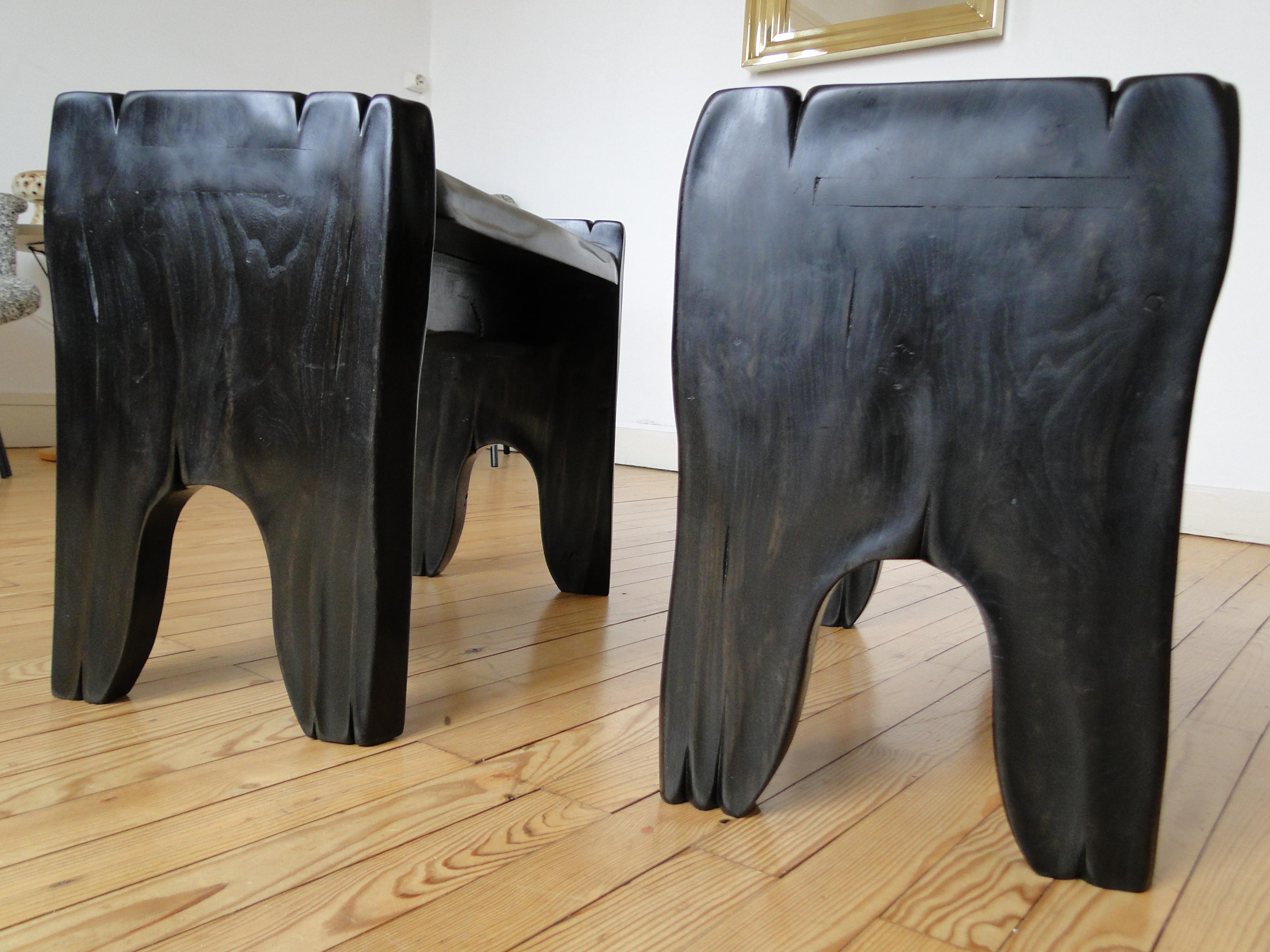 French 2  Stools Carved by Hand Black Oak France Organic Biomorphic Alexandre Noll For Sale
