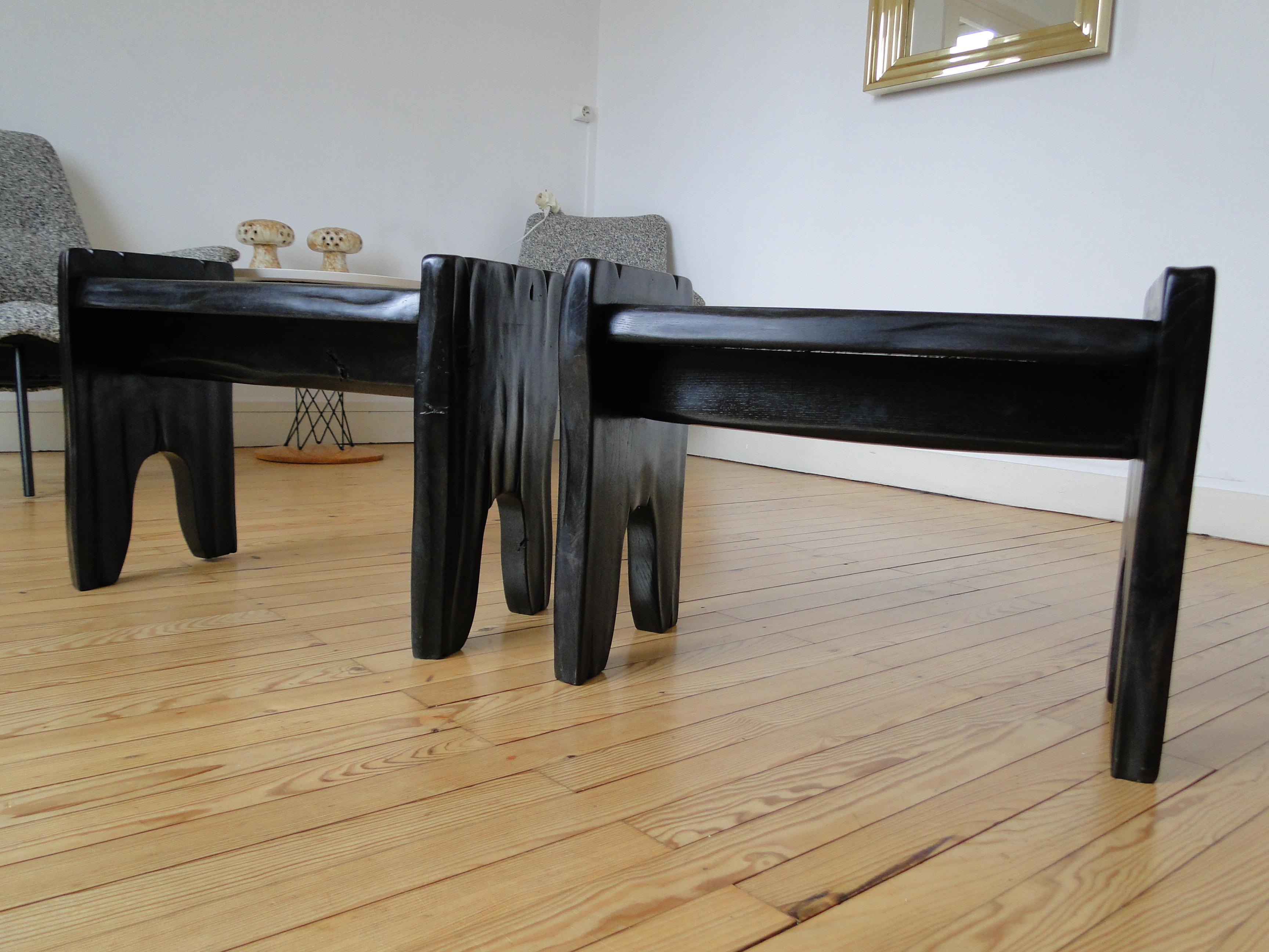 2  Stools Carved by Hand Black Oak France Organic Biomorphic Alexandre Noll For Sale 2