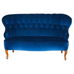 2-Seat Blue Velvet Sofa Vintage Midcentury, Allen Lundberg Sweden Swedish