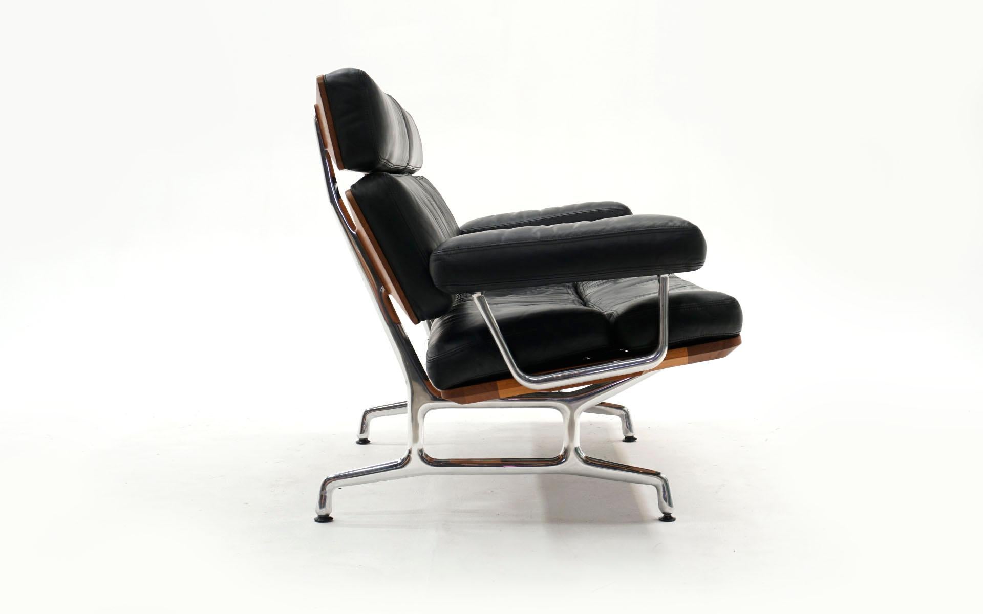 Mid-Century Modern 2 Seat Sofa Settee by Charles and Ray Eames, Solid Walnut and Black Leather