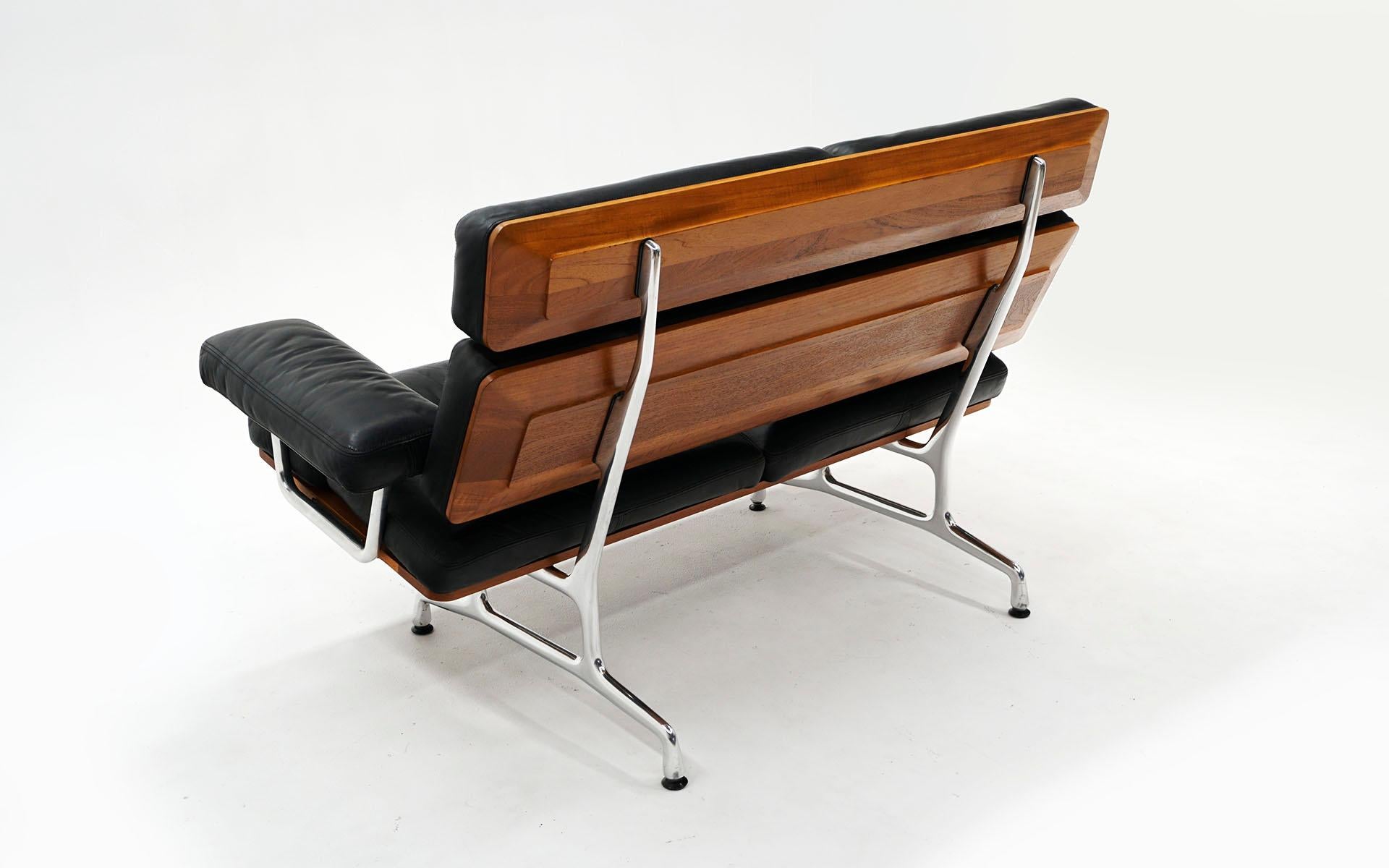 American 2 Seat Sofa Settee by Charles and Ray Eames, Solid Walnut and Black Leather