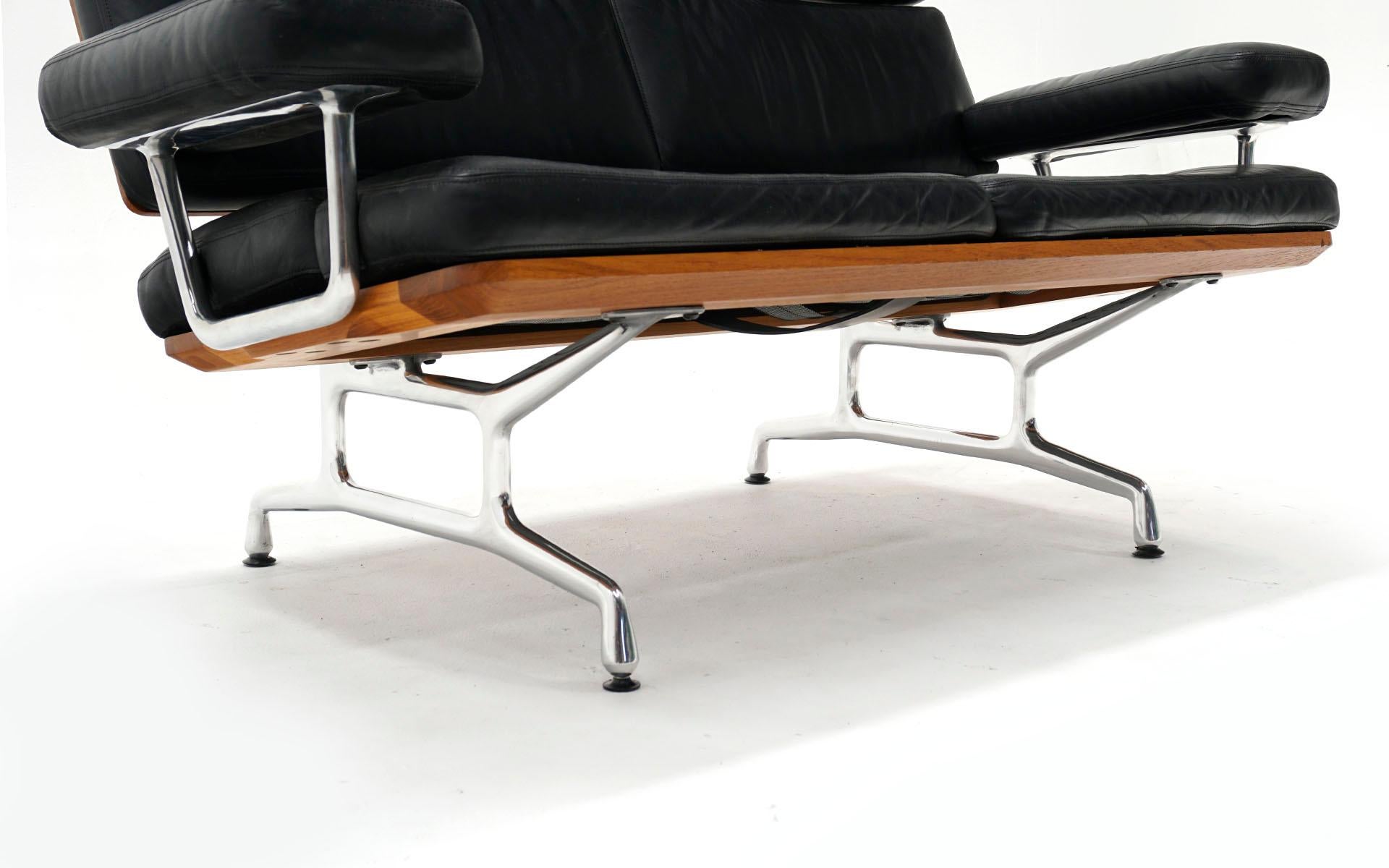 Aluminum 2 Seat Sofa Settee by Charles and Ray Eames, Solid Walnut and Black Leather