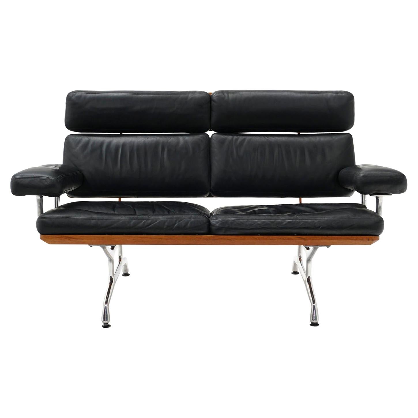 2 Seat Sofa Settee by Charles and Ray Eames, Solid Walnut and Black Leather