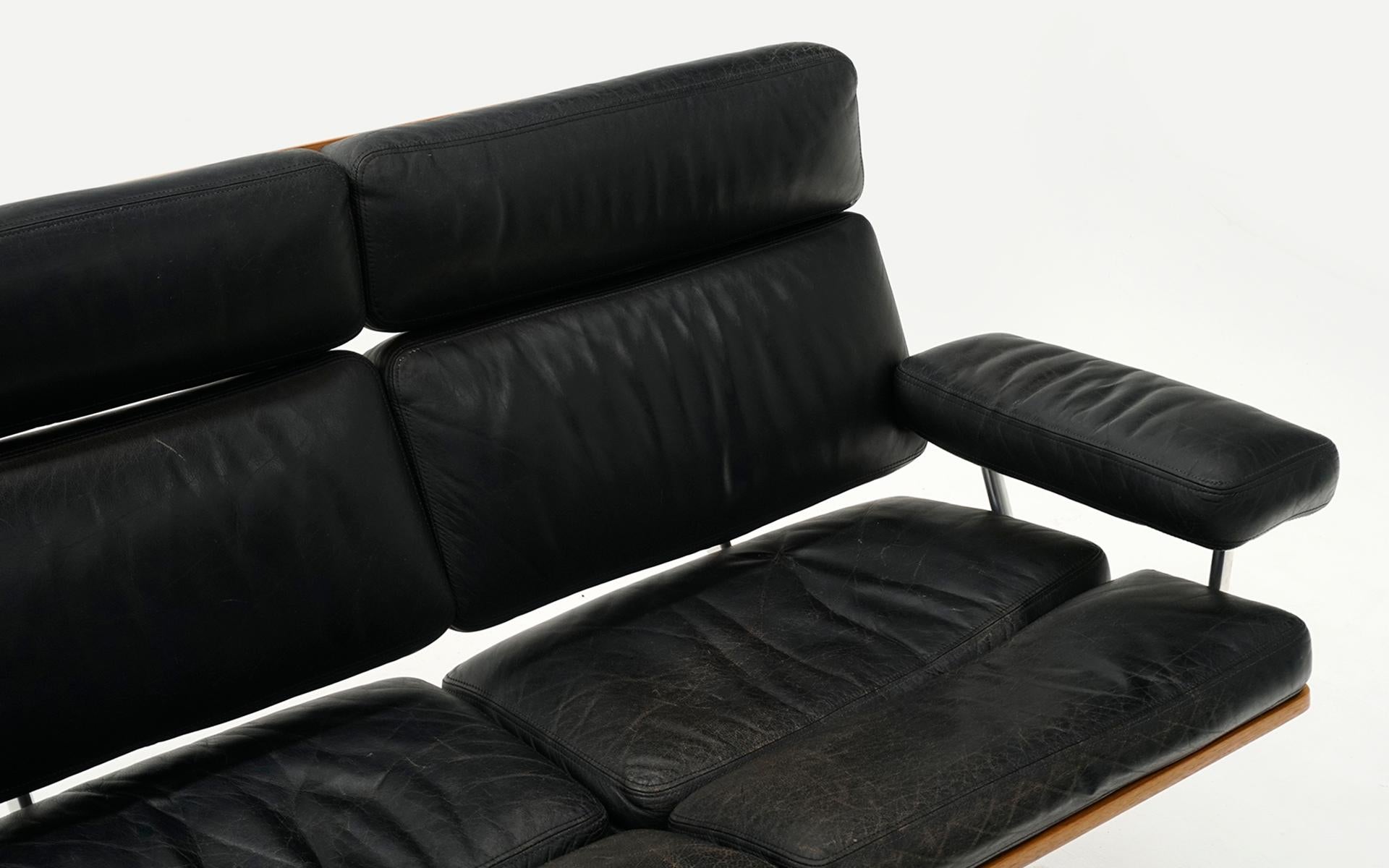 Mid-Century Modern 2 Seat Sofa Settee by Charles and Ray Eames, Teak and Black Leather For Sale