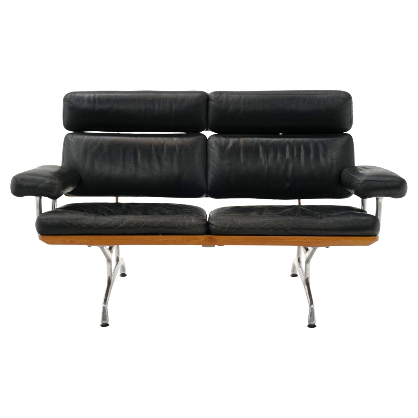 2 Seat Sofa Settee by Charles and Ray Eames, Teak and Black Leather