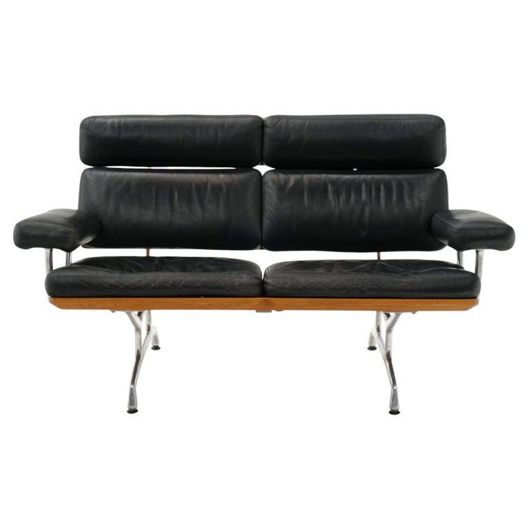 2 Seat Sofa Settee by Charles and Ray Eames, Teak and Black Leather For Sale
