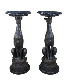 2 Seated Bronze Whippet Statues Sculpture Stand Pedestal After Pierre Jules Mene