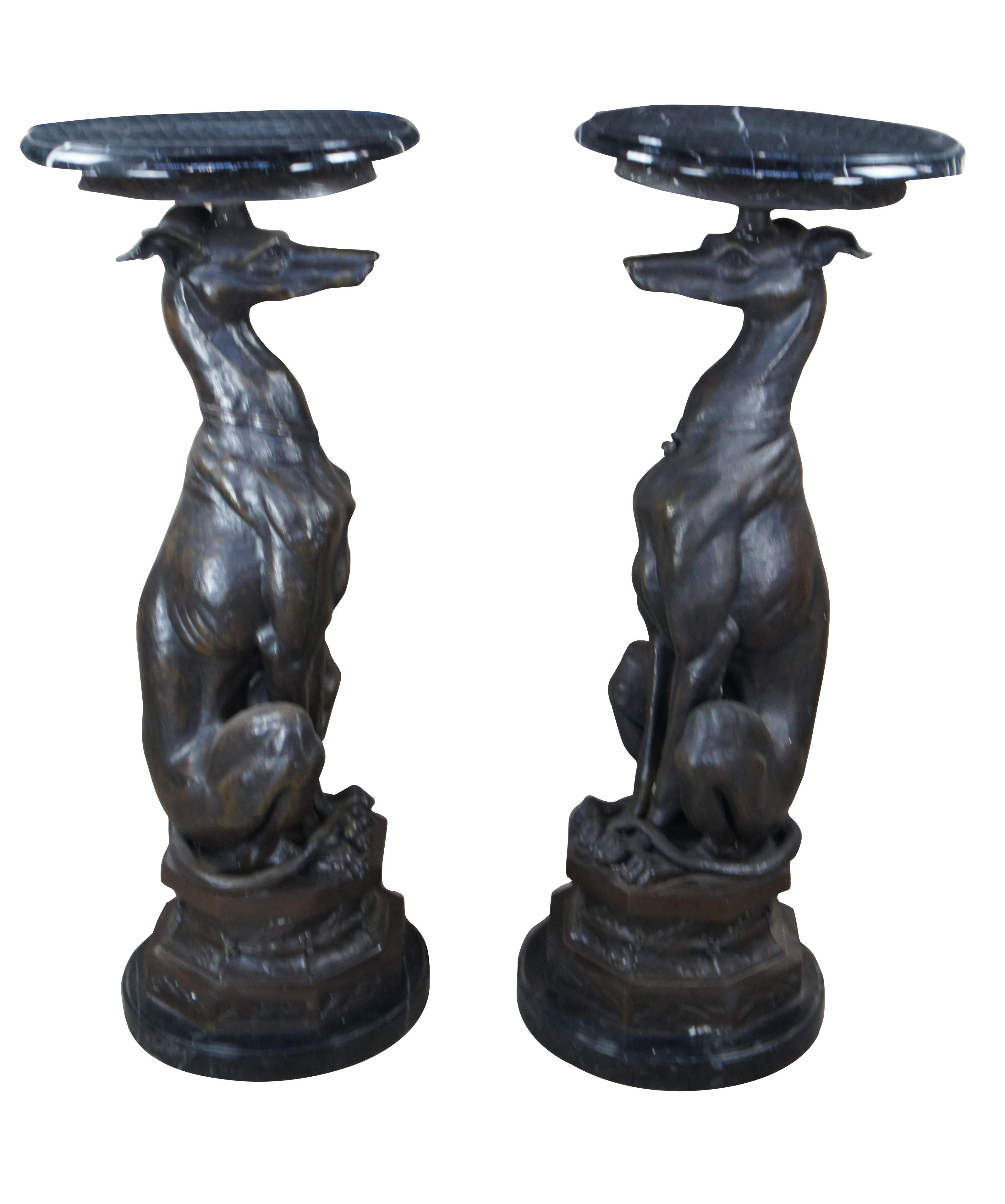 2 Seated Bronze Whippet Statues Sculpture Stand Pedestal After Pierre Jules Mene In Good Condition In Dayton, OH