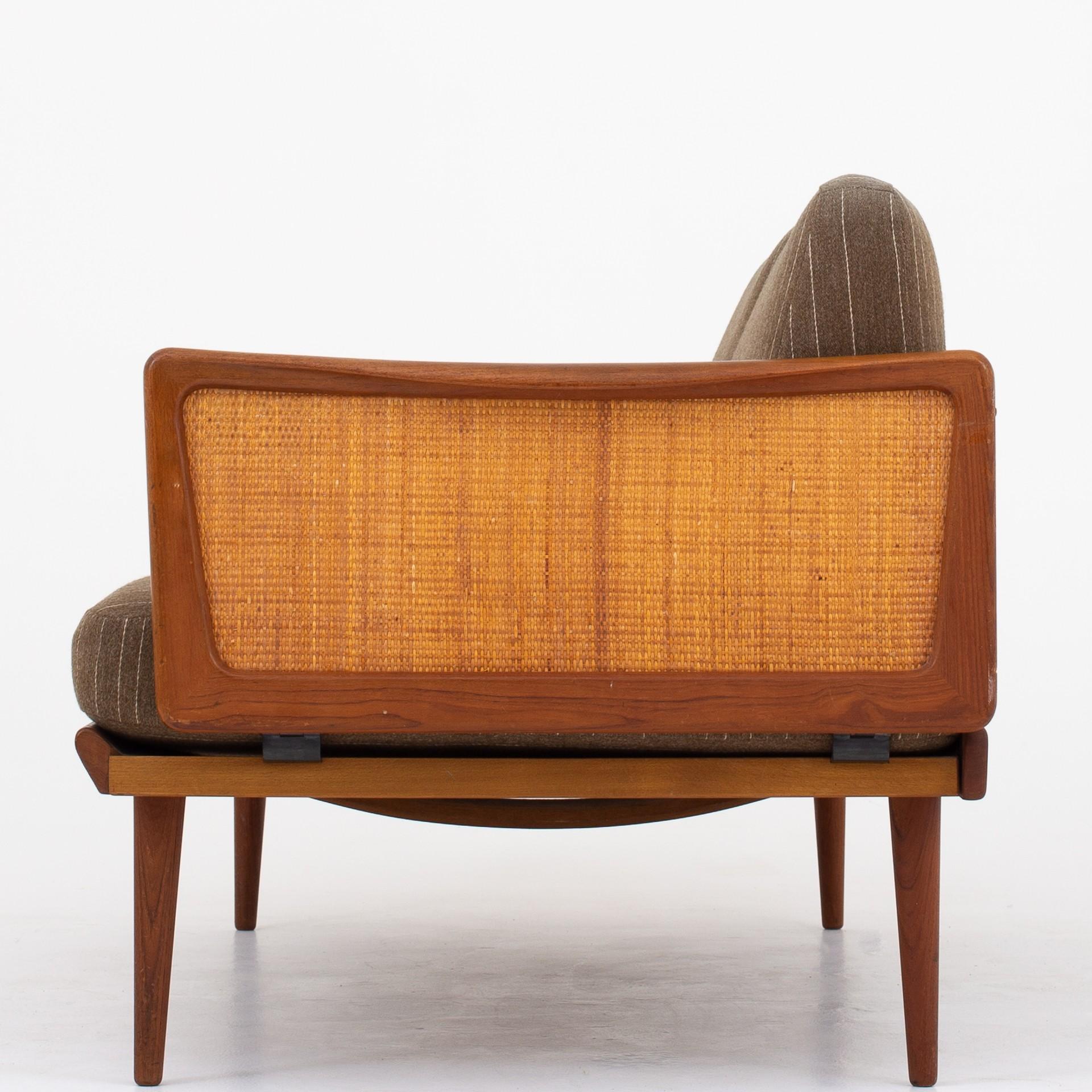 FD 451, 2-seat sofa in teak, cane and original upholstery of Savak wool. Maker France & Son.