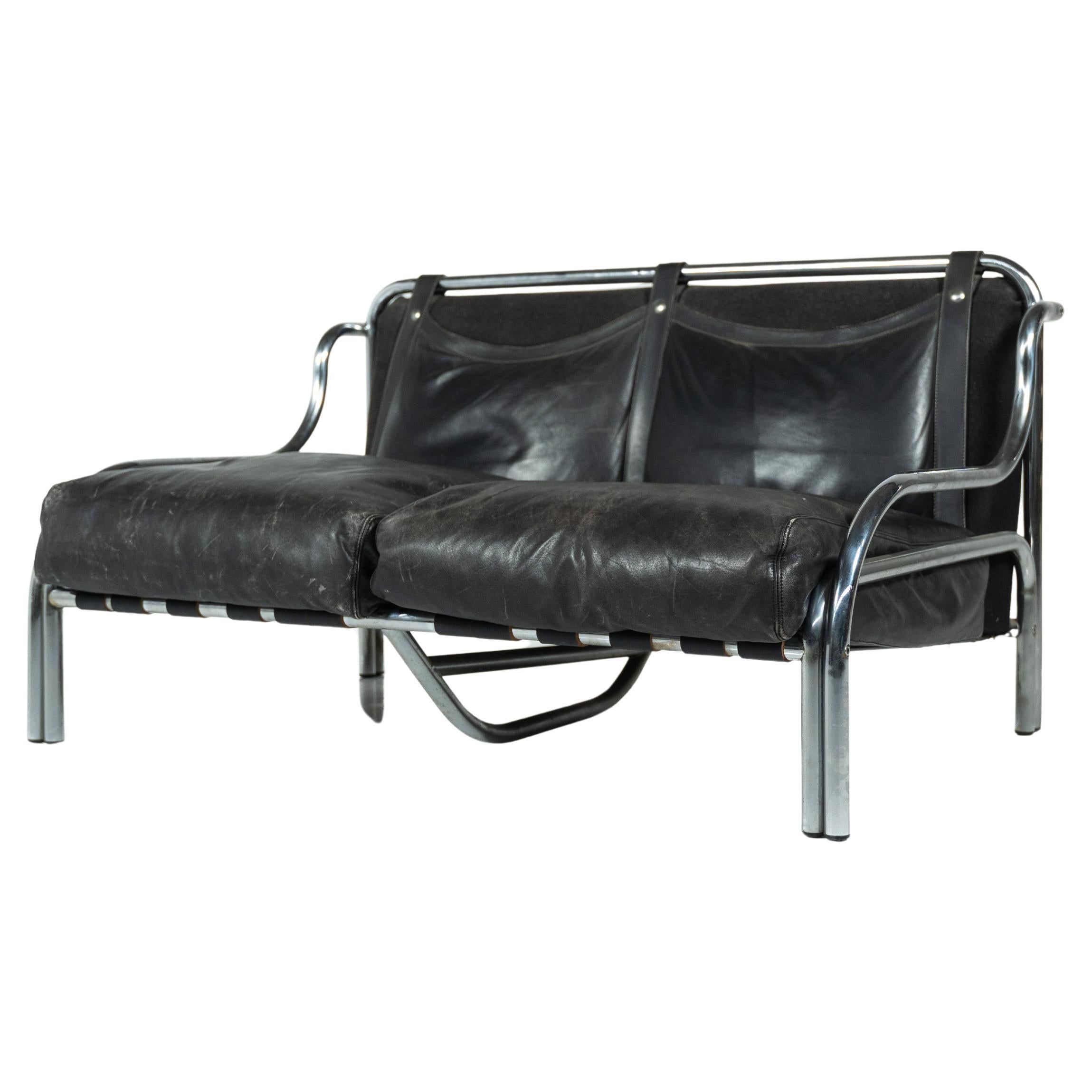 2-Seater Stringa Sofa by Gae Aulenti, Black Leather, Italy, 1962
