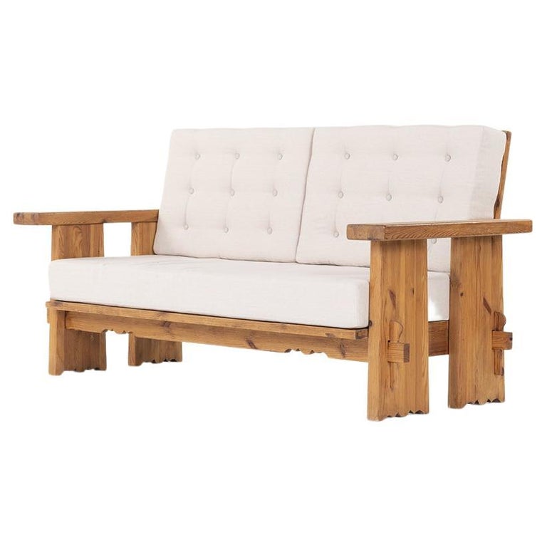 2 Seaters Sofa in Solid Pine and Linen from Sweden, 1950 For Sale at