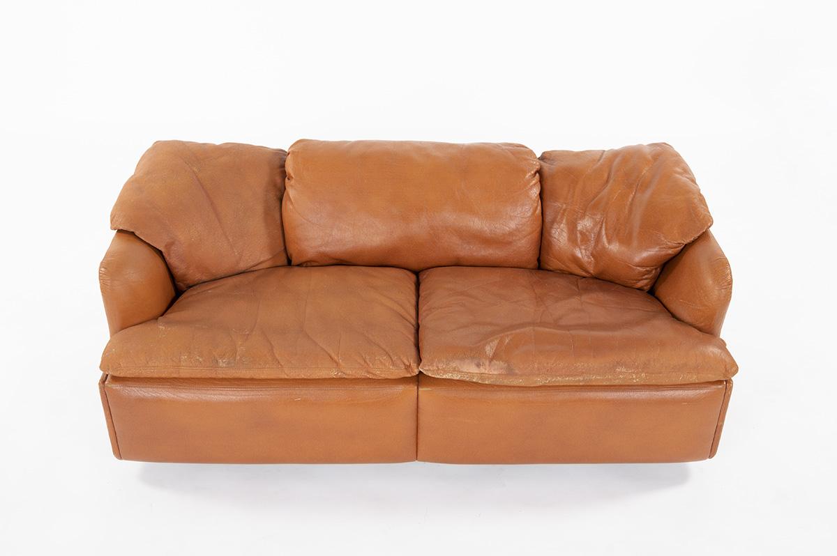 20th Century 2 Seats Brown Leather Sofa by Alberto Rosselli by Saporiti, 1970