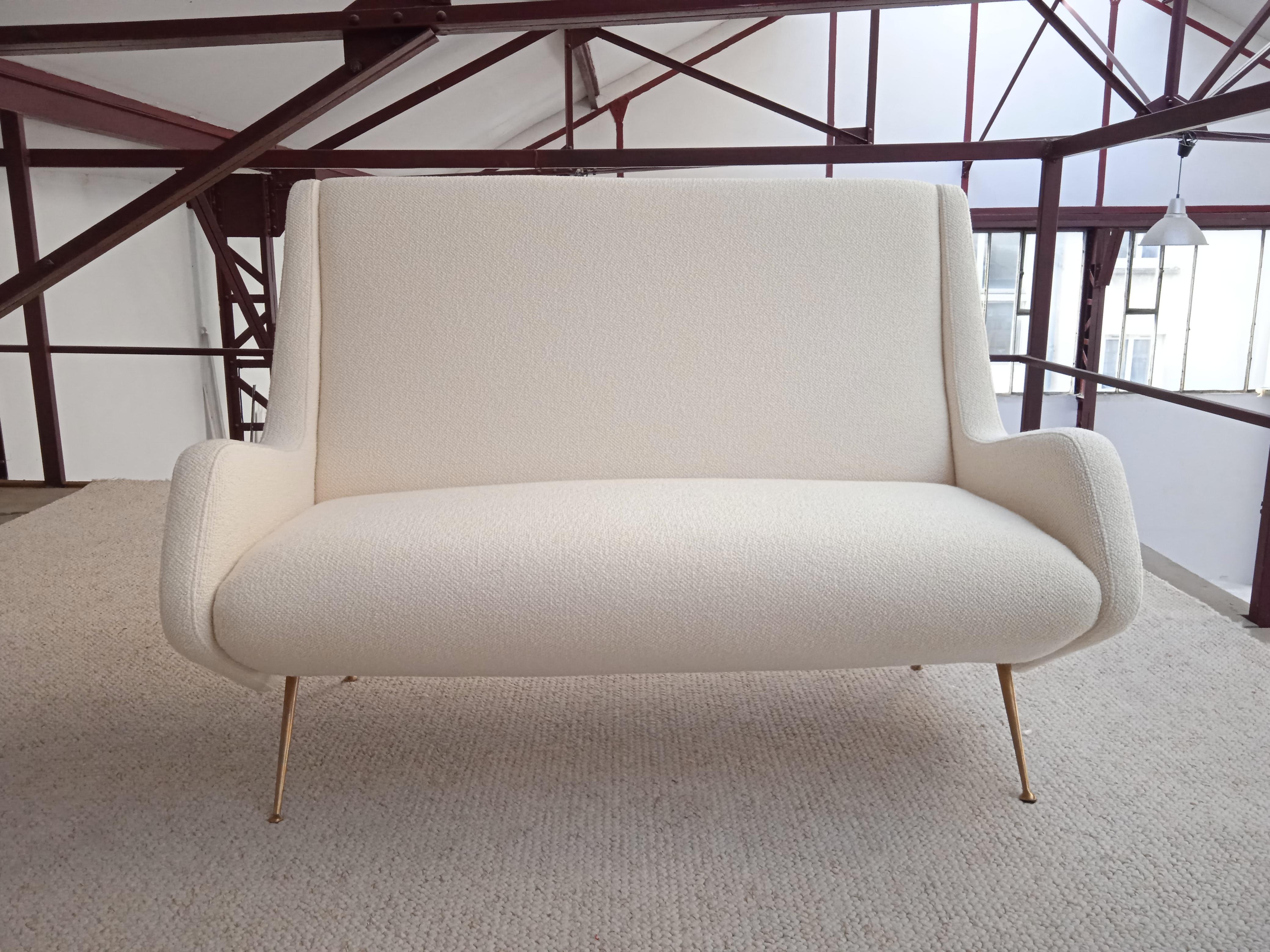 2 Seats sofa by Aldo Morbelli for ISA Bergamo, Italy 1950s.
Re-upholstered in Sherpa bouclé from Lelièvre Paris. 
The feet are in golden brass.
Very nice condition.