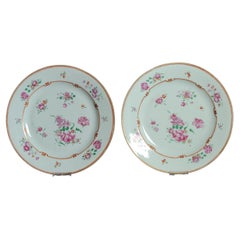 #2 Set Dinner Plates Antique 18C Chinese Qianlong Porcelain Dish Fencai Rose