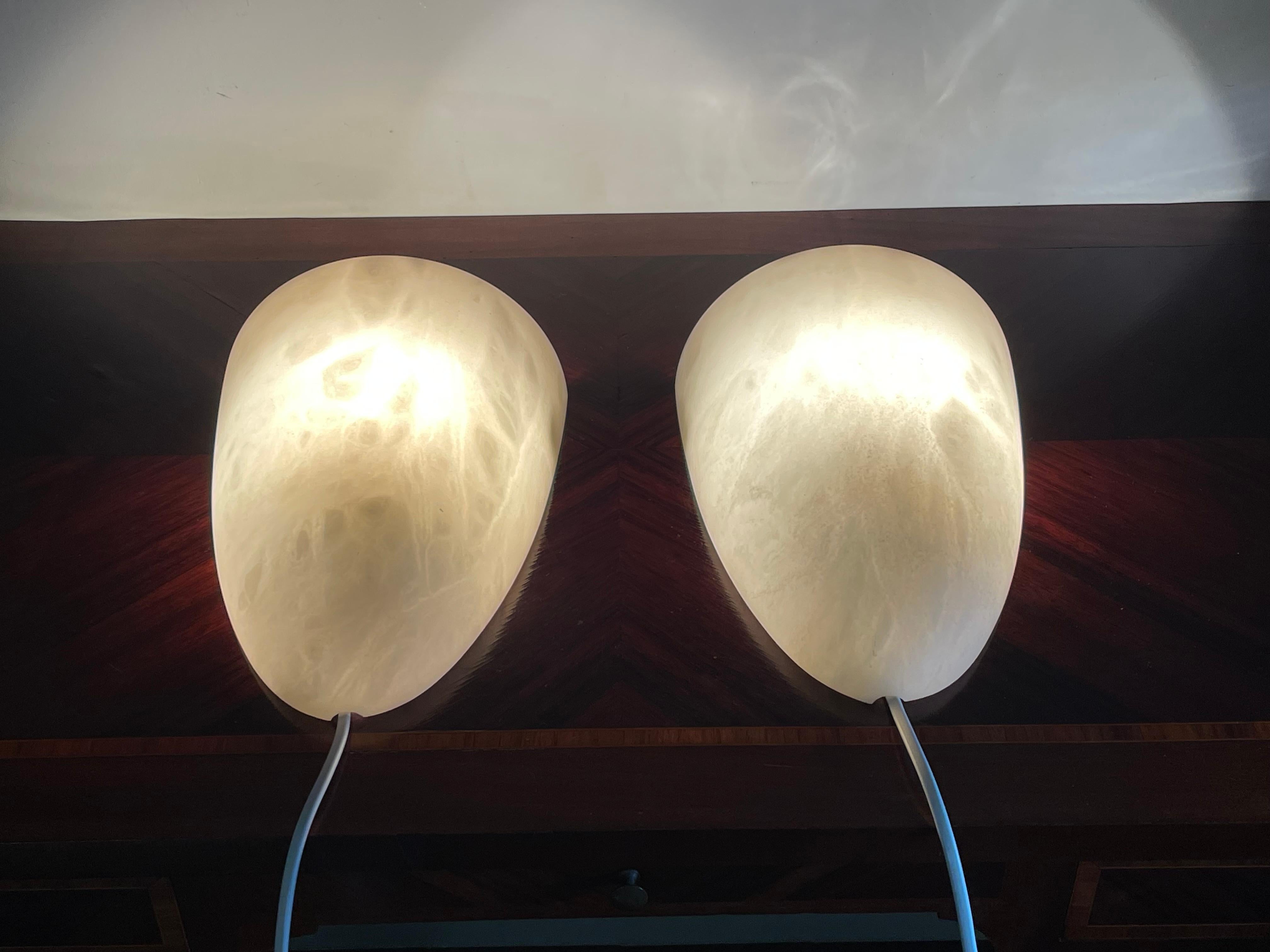 Hand-Crafted 2 Sets Art Deco Style Cocoon Shape Midcentury Modern Era Alabaster Wall Sconces For Sale