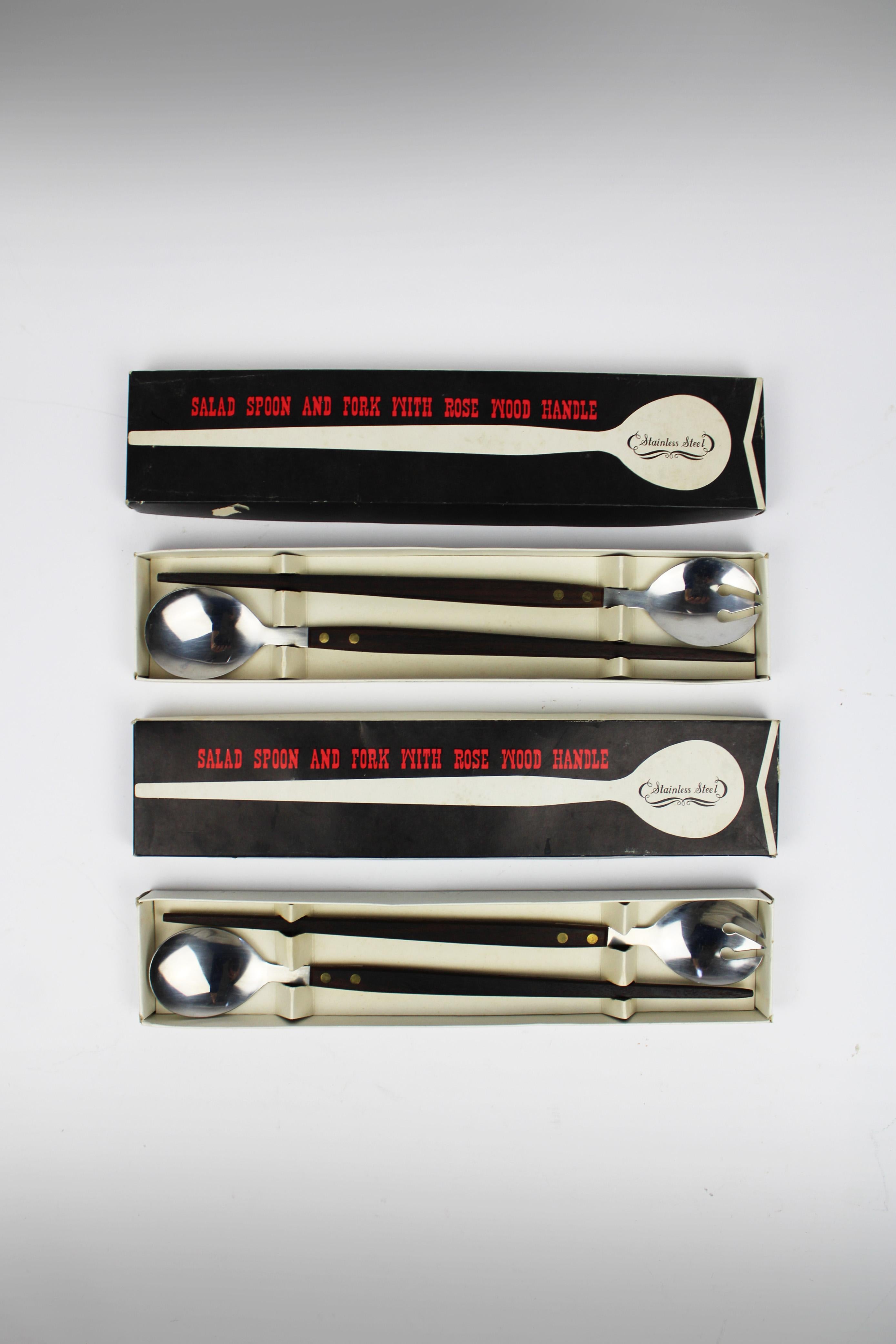 Mid-Century Modern 2 sets of 1960 rosewood Handles Brass Fitted Stainless Steel Salad Server Japan For Sale