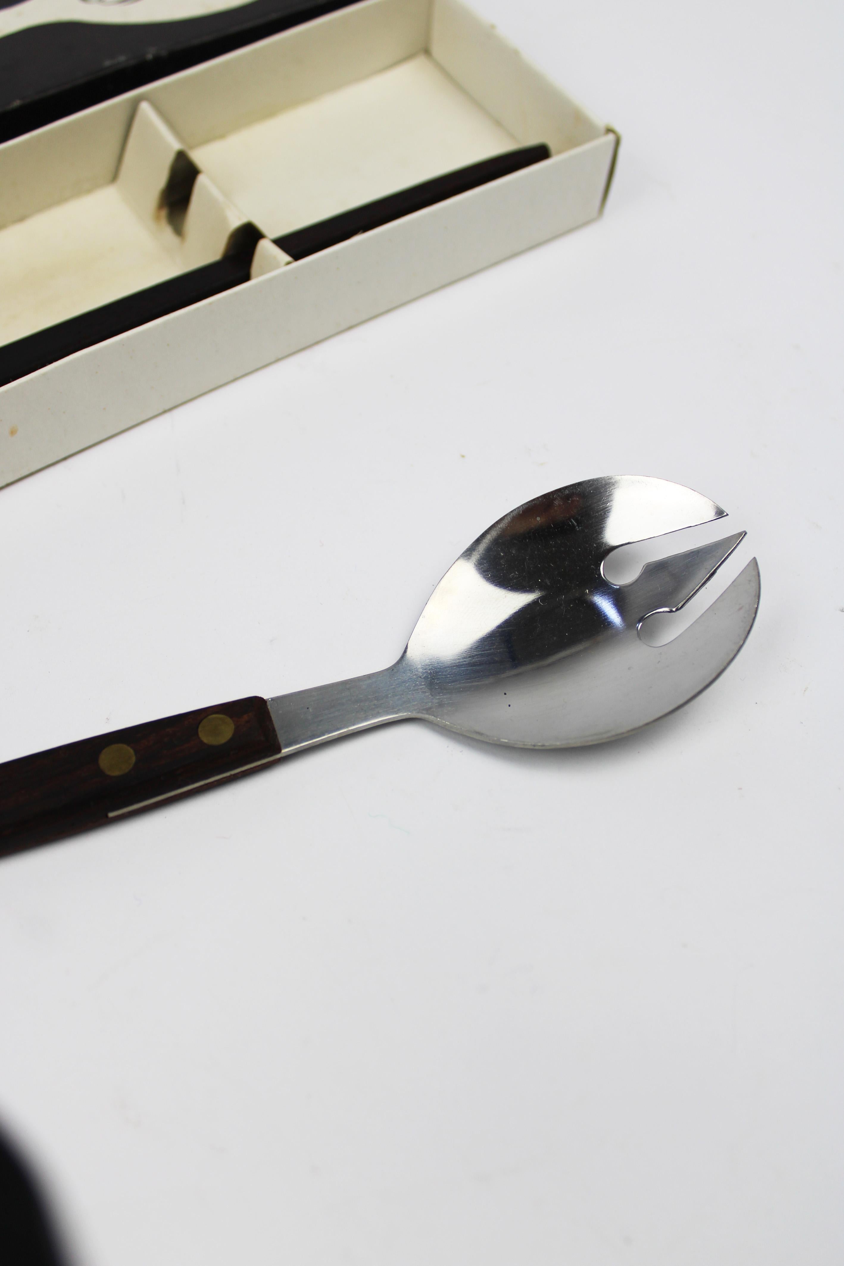 Japanese 2 sets of 1960 rosewood Handles Brass Fitted Stainless Steel Salad Server Japan For Sale