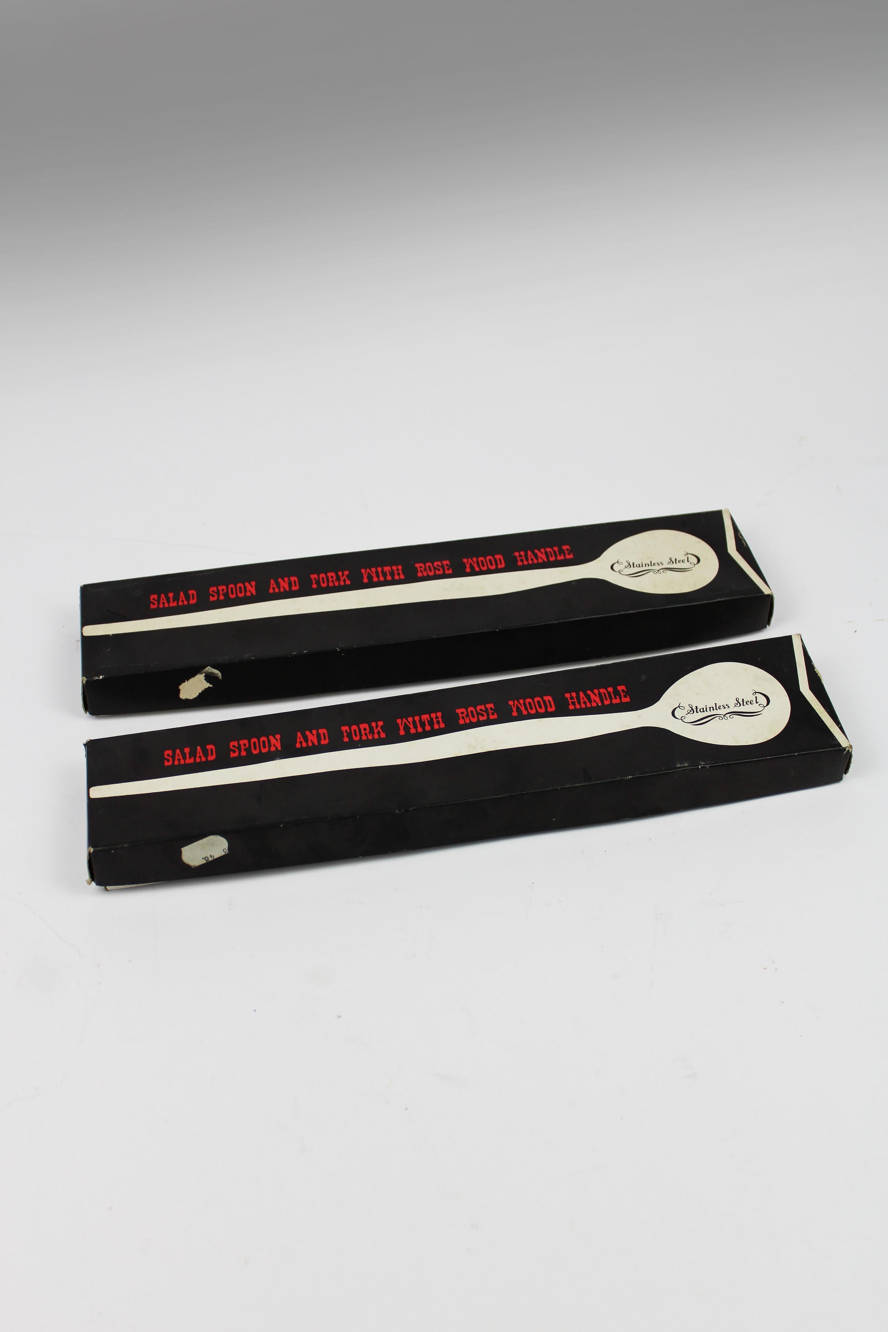 2 sets of 1960 rosewood Handles Brass Fitted Stainless Steel Salad Server Japan For Sale 2