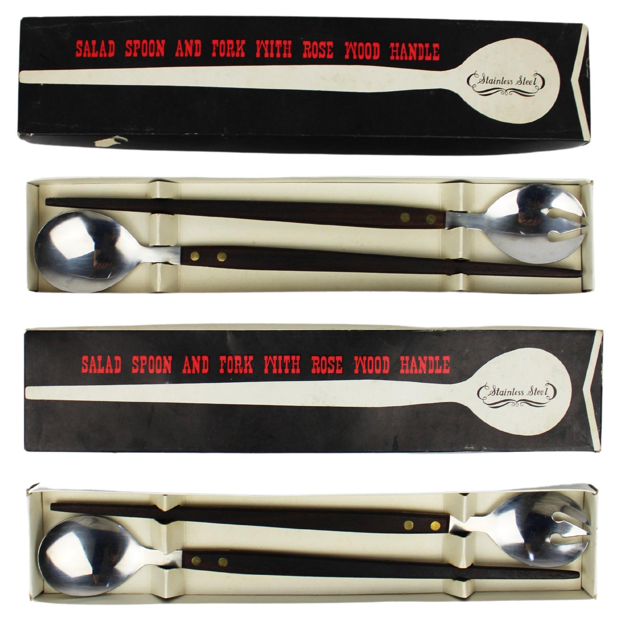 2 sets of 1960 rosewood Handles Brass Fitted Stainless Steel Salad Server Japan For Sale