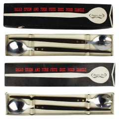 2 sets of 1960 rosewood Handles Brass Fitted Stainless Steel Salad Server Japan