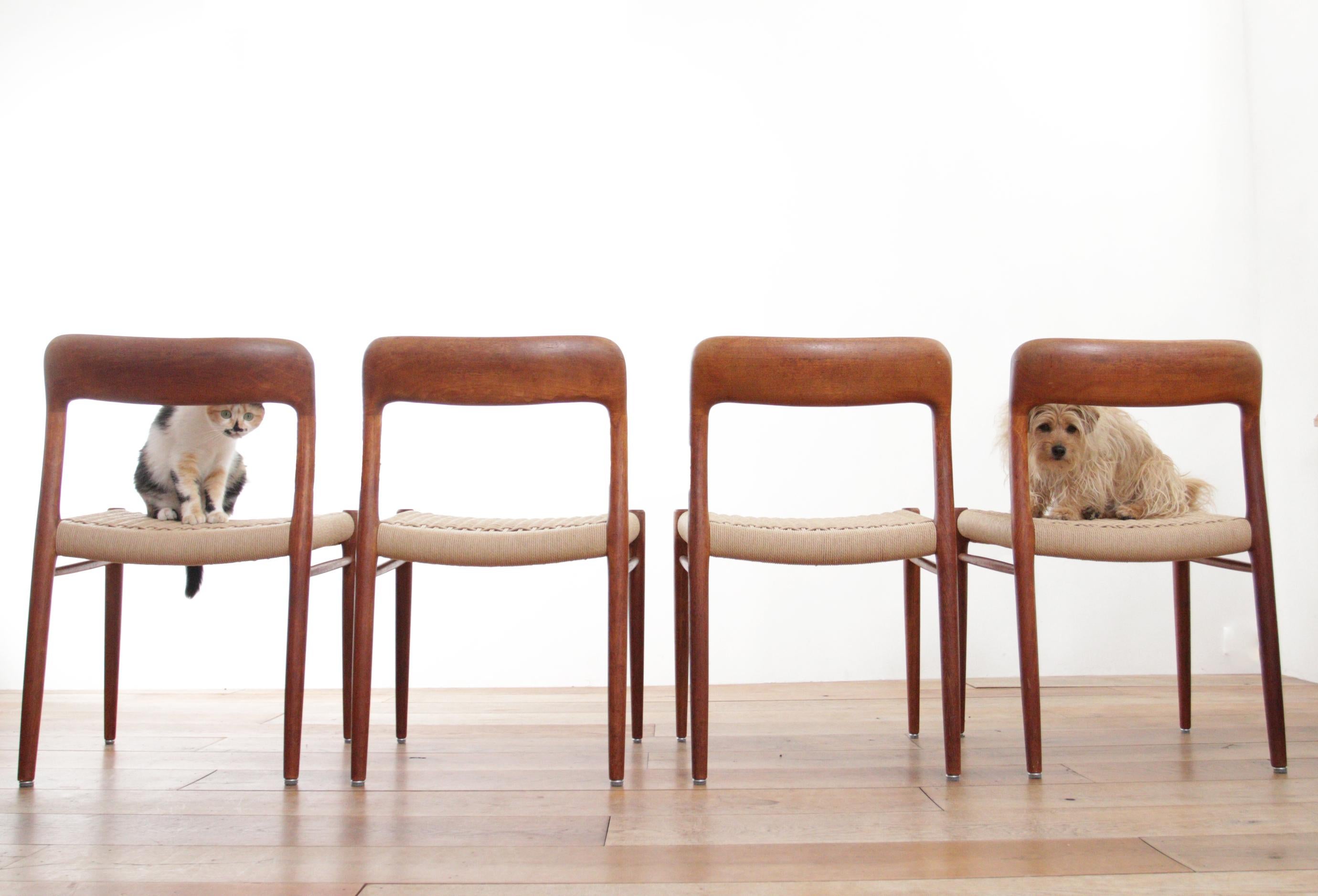 Beautiful, fully restored, Model 75 chairs designed by the Danish designer Niels Otto Møller, and manufactured by JL Møllers Møbelfabrik in the 1960s.
The frames are made of solid teak and the seat has been re-fitted with paper cord.
Timeless