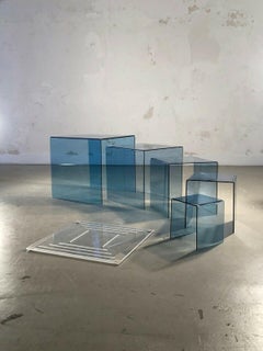 2 Sets of Blue Plexiglass Nesting Tables, France 1970