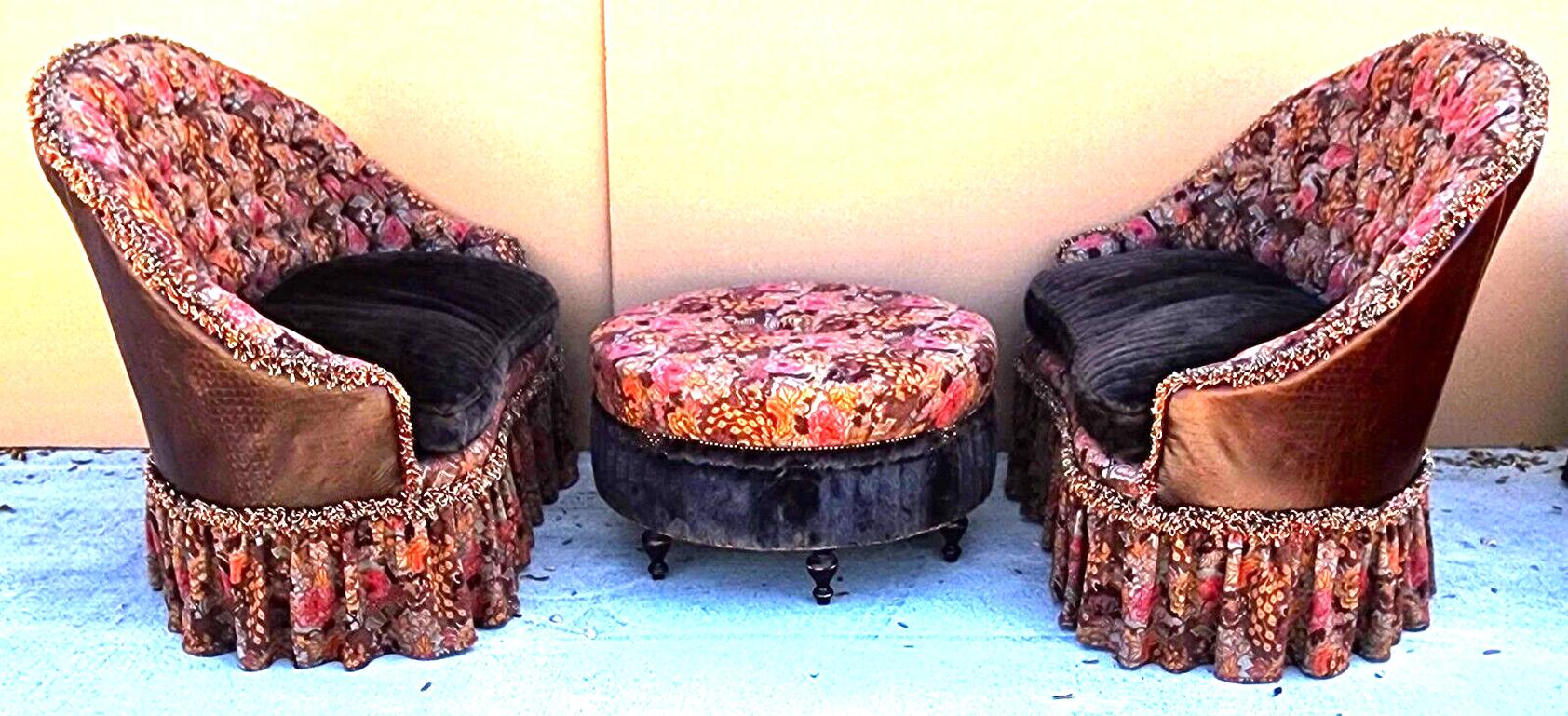 For FULL item description click on CONTINUE READING at the bottom of this page.

Offering one of our recent palm beach estate fine furniture acquisitions of a
3 piece set of 2 settees & 1 cocktail table ottoman by Old Hickory Tannery
Featuring